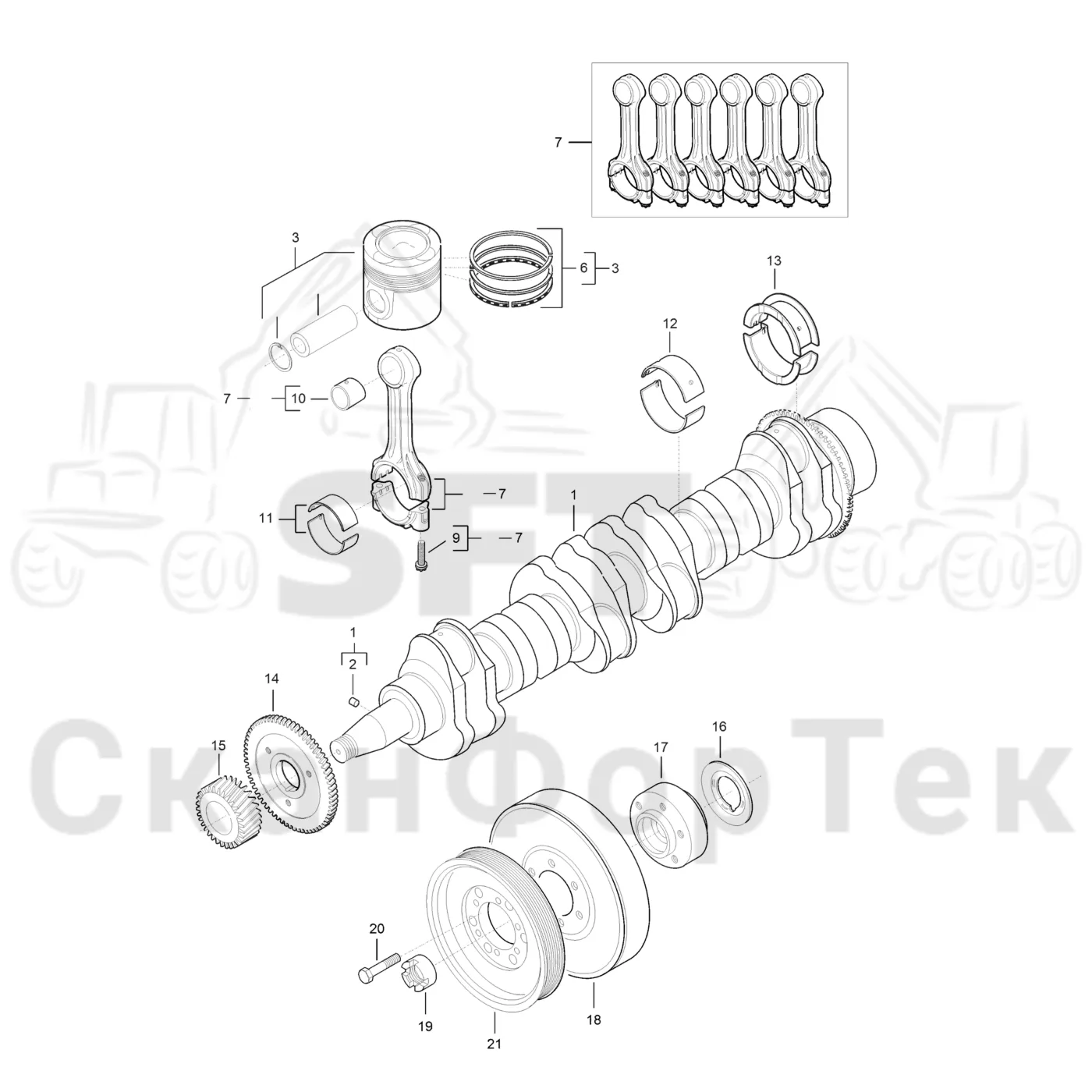 Схема: Komatsu / Форвардер / 855 S/N 8550022010- / Каталог запасных частей / Двигатель / Блок двигателя / Коленвал