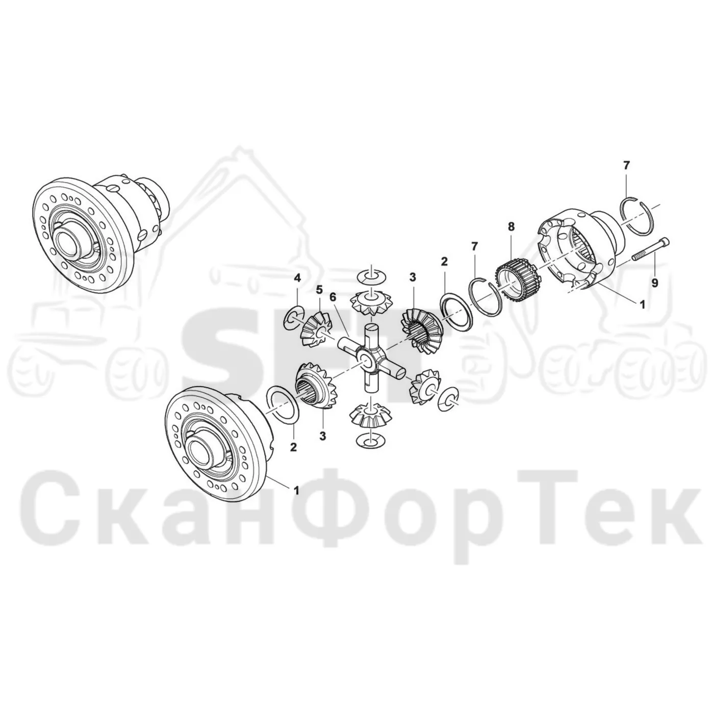 Схема: Komatsu / Лесозаготовительные машины / 901TX .1 / Каталог запасных частей / Коробка передач / Ось / Ось / Дифференциал 9010041179- / Дифференциал