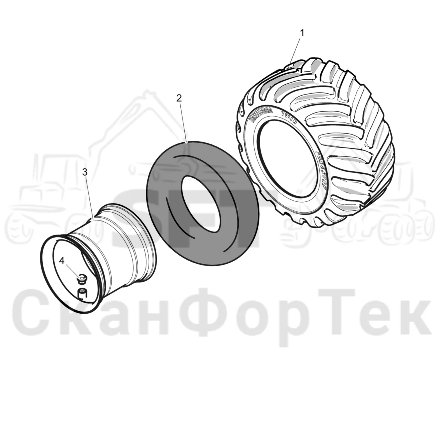 Схема: Komatsu / Лесозаготовительные машины / 901 S/N 9010053267- / Каталог запасных частей / Коробка передач / Оборудование шин / Trelleborg  710/40-24,5 / колесо