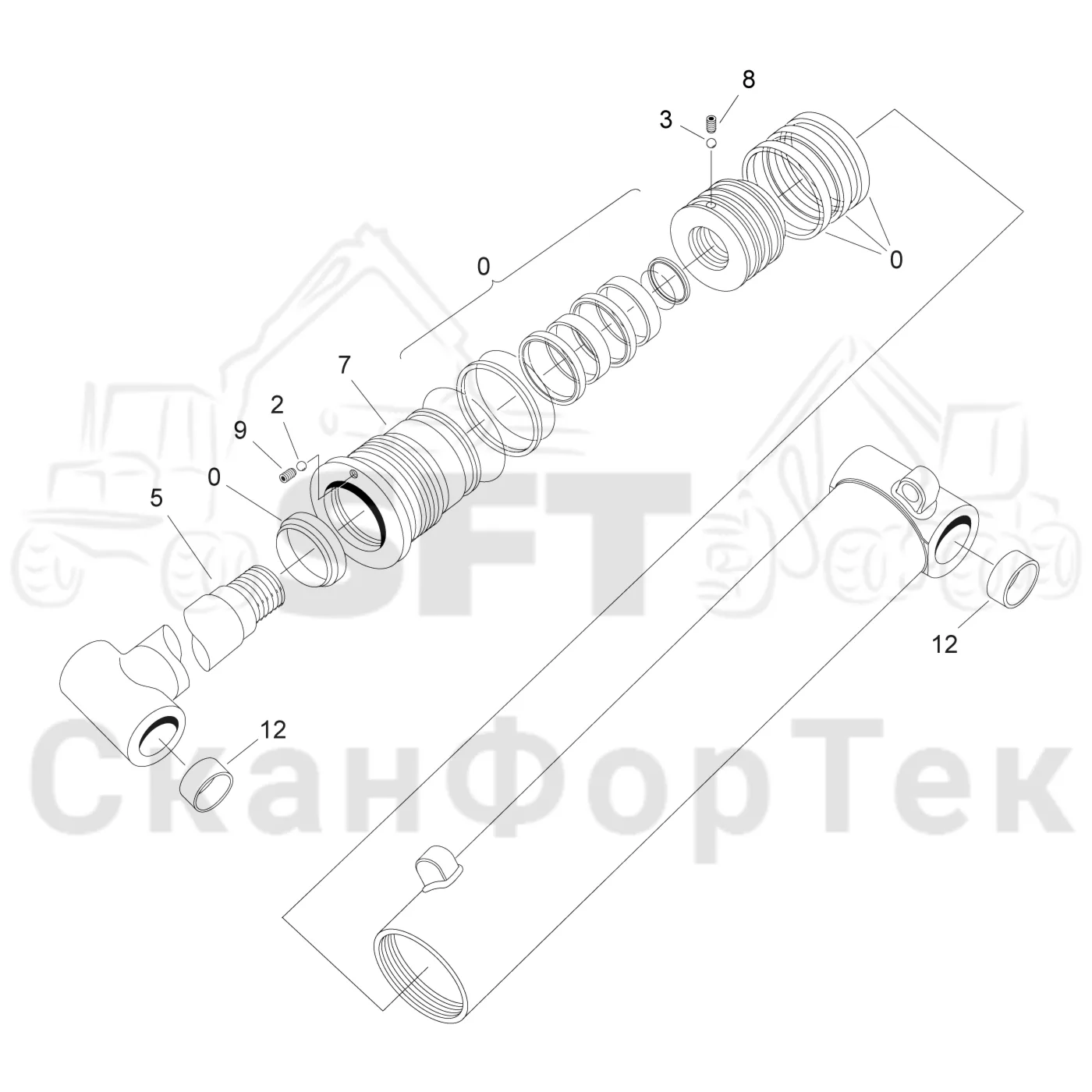 Схема: Komatsu / Лесозаготовительные машины / 901 S/N 9010053267- / Каталог запасных частей / Подъемный кран 200H / Основная стрела / Гидравлика 9010053441- / Подъемный цилиндр