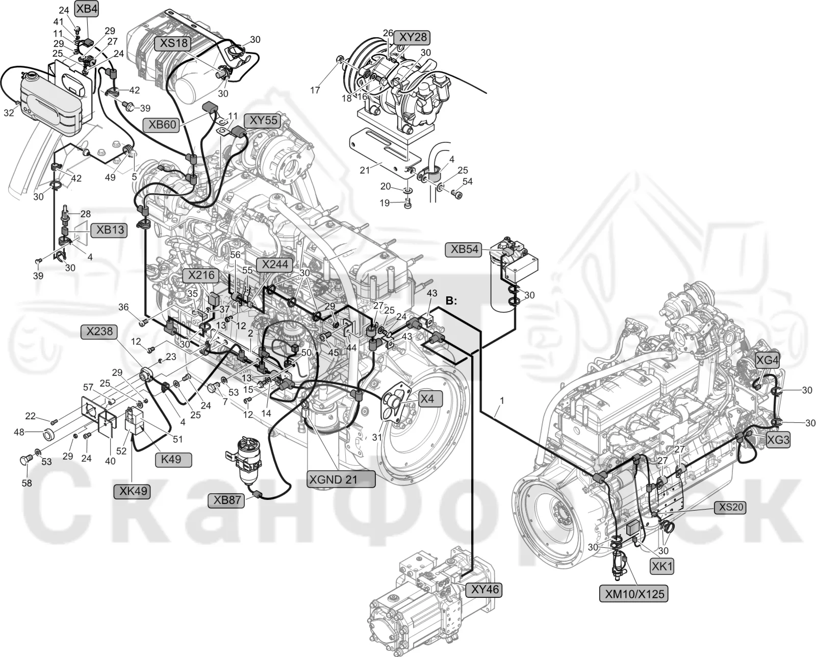 Схема: Komatsu / Лесозаготовительные машины / 931XC S/N 9313021208- / Каталог запасных частей / Двигатель / Stage 3A / Комплект электрооборудования / Комплект кабелей двигателя