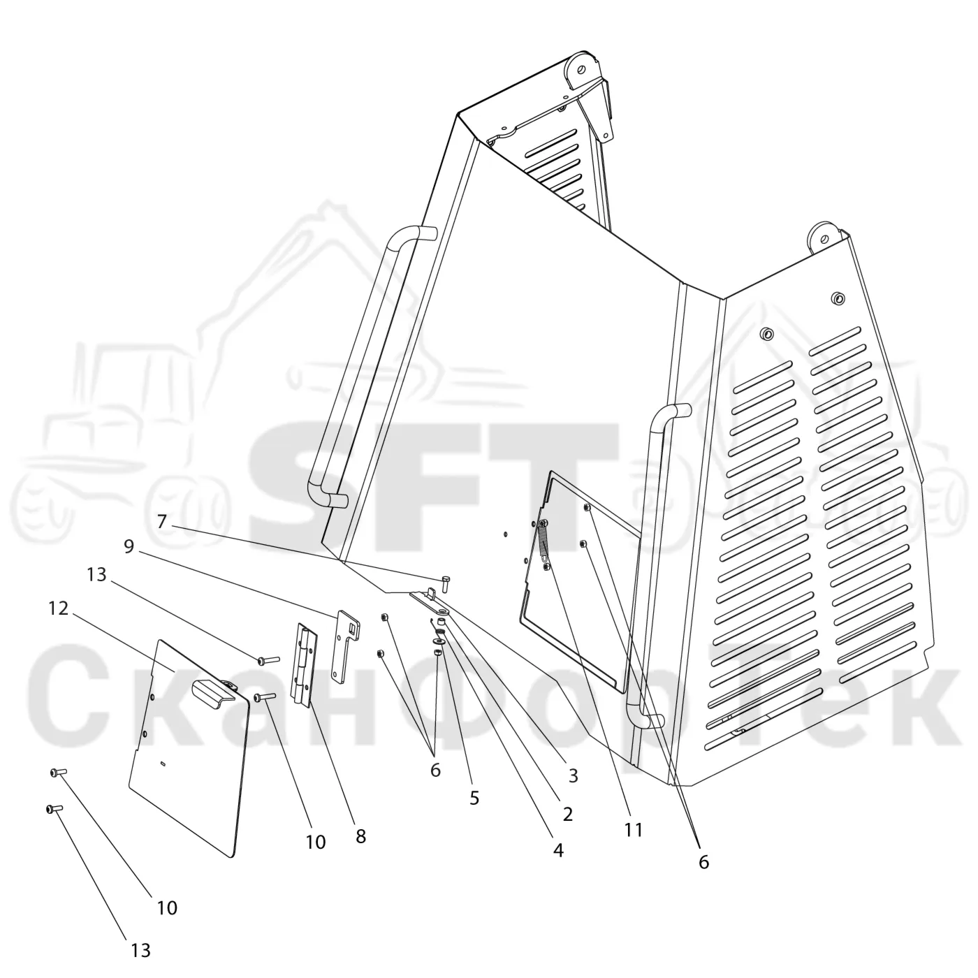 Схема: Komatsu / Лесозаготовительные машины / 931XC S/N 9313021208- / Каталог запасных частей / шасси / Капоты / Капот, бак гидравлики / Крюк
