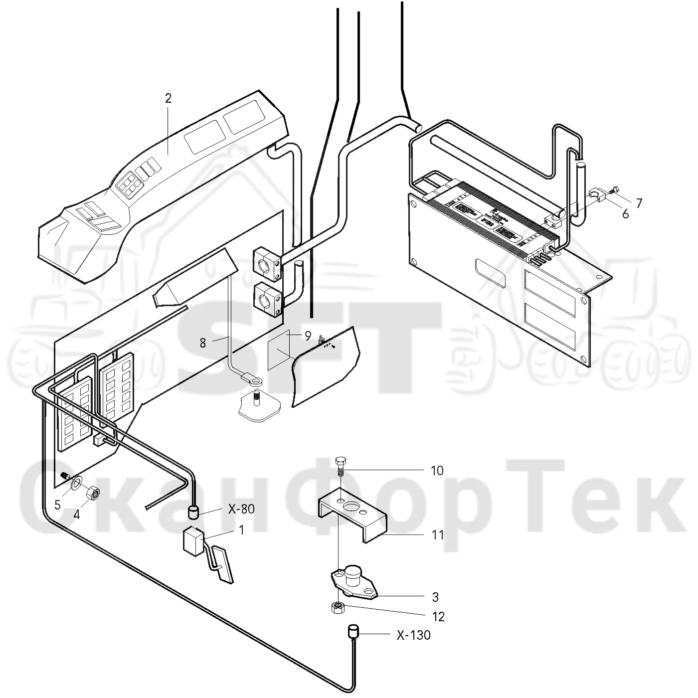 Схема: Valmet / Форвардер / Valmet 890.1 / Valmet 890.1 Ch. 117351-, 119441- / Valmet 890.1 Ch. 117351-, 119 / Каталог запасных частей / Оборудование захвата / Захват / Valmet 901.2 Ch. -211060 / Каталог запасных частей / Кабина / Салон / Панель электрооборудования