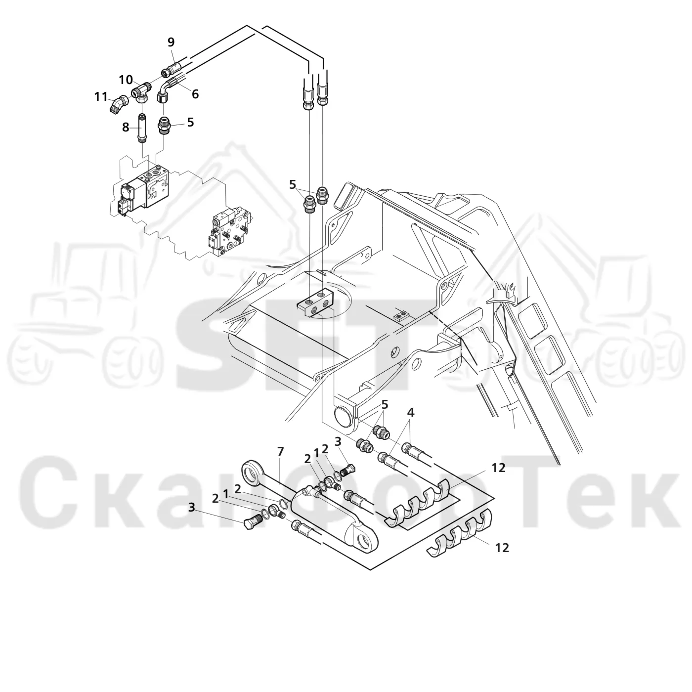 Схема: Valmet / Головки лесозаготовительной машины / Valmet 370 / Valmet 370 Ch 11601- / Valmet 370 Ch 11601- / Valmet 370 11601- / Каталог запасных частей / Подача / Гидравлическое оборудование открывания и закрывания подающих роликов / Feed rollers open close hyd, topsaw