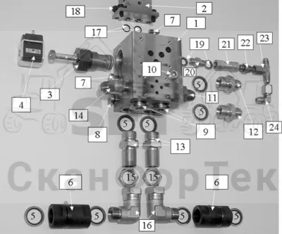 Схема: Valmet / Лесозаготовительные машины / Valmet 801 c / Valmet 801c Ch -11730 / Valmet 801c Ch -11730 / Каталог запасных частей / Лесозаготовительное оборудование / Головка лесозаготовительной машины / Valmet 330 / Каталог запасных частей / Гидравлический клапан / Впускная секция