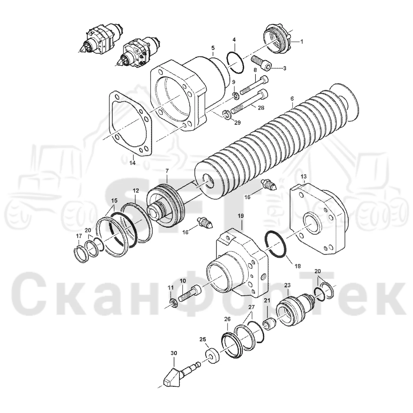 Схема: Valmet / Лесозаготовительные машины / Valmet 941 / Valmet 941 Ch 12071- / Valmet 941 Ch 12071- / Каталог запасных частей / Тормоза / Тормоза на 6 колес / Тормозная коробка / Тормозной цилиндр