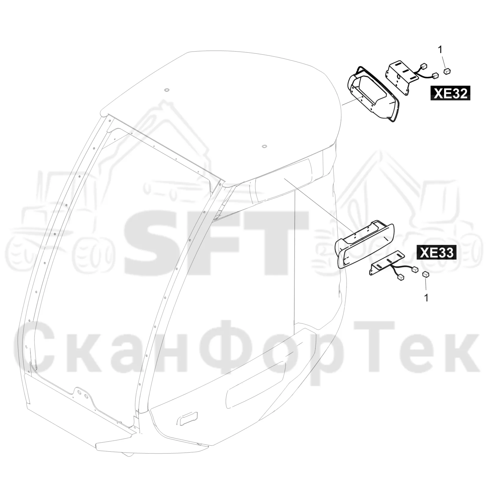 Схема: Komatsu / Лесозаготовительные машины / 901 S/N 9010053267- / Каталог запасных частей / Кабина / Кабина / Рабочие лампы LED / Рабочие лампы LED / Комплект электрооборудования