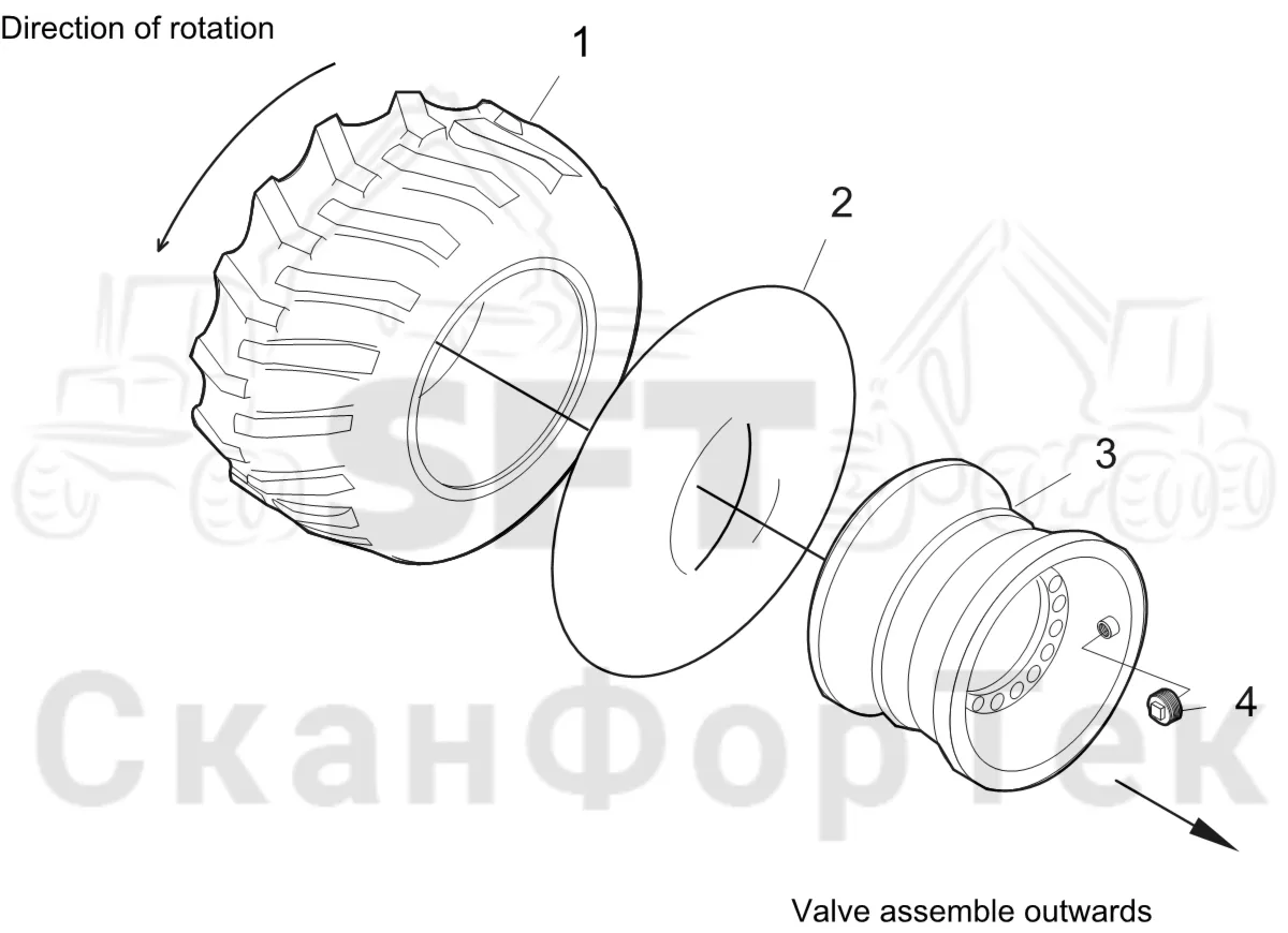 Схема: Komatsu / Лесозаготовительные машины / 931 S/N 9310021067- / Каталог запасных частей / Коробка передач / Оборудование шин / Trelleborg / 600/55-26,5 T440 / Trelleborg 600/55-26,5 T440 Left