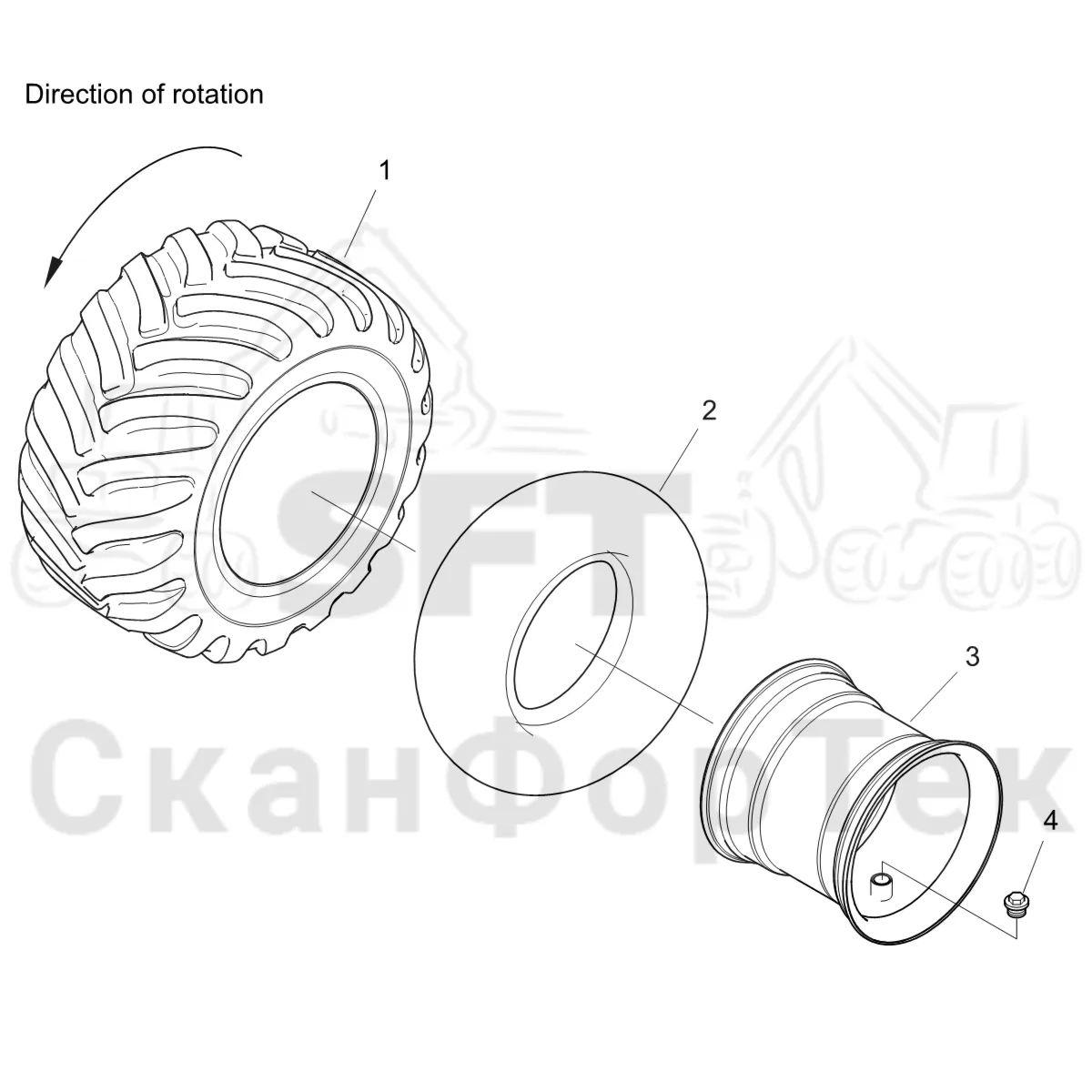 Схема: Komatsu / Форвардер / 855.1 / 855.1 / Каталог запасных частей / Коробка передач / Оборудование шин / колесо Trelleborg / 710/45-26,5 T480 / Trelleborg  710/45-26,5 T440 Left