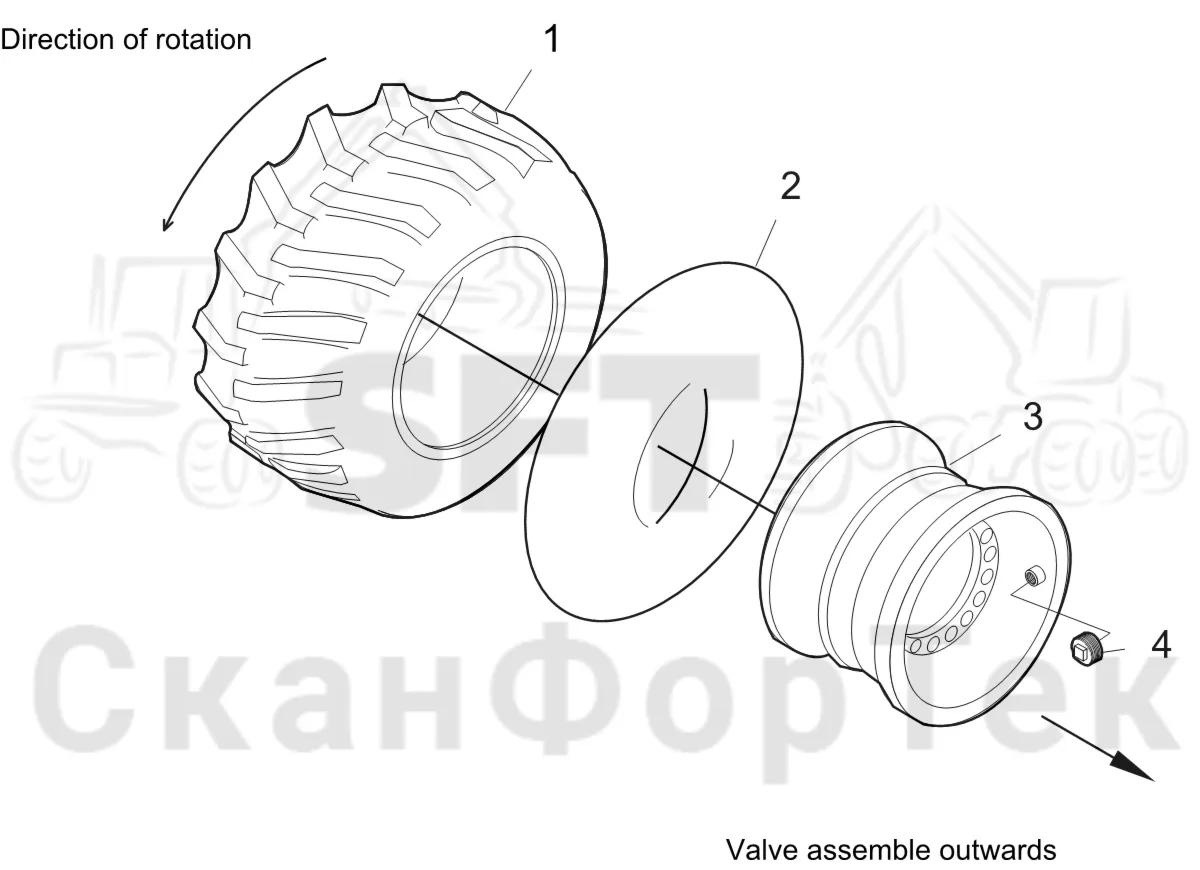 Схема: Komatsu / Лесозаготовительные машины / 911 S/N 9110062167- / Каталог запасных частей / Коробка передач / Оборудование шин / Trelleborg / 710/45-26,5 T480 / Trelleborg 710/45-26,5 T480