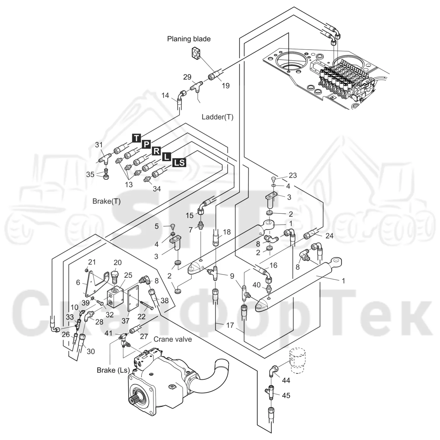 Схема: Valmet / Форвардер / Valmet 840.4 / Valmet 840.4 / Каталог запасных частей / Рулевое управление / Рулевое управление с системой Orbitrol
