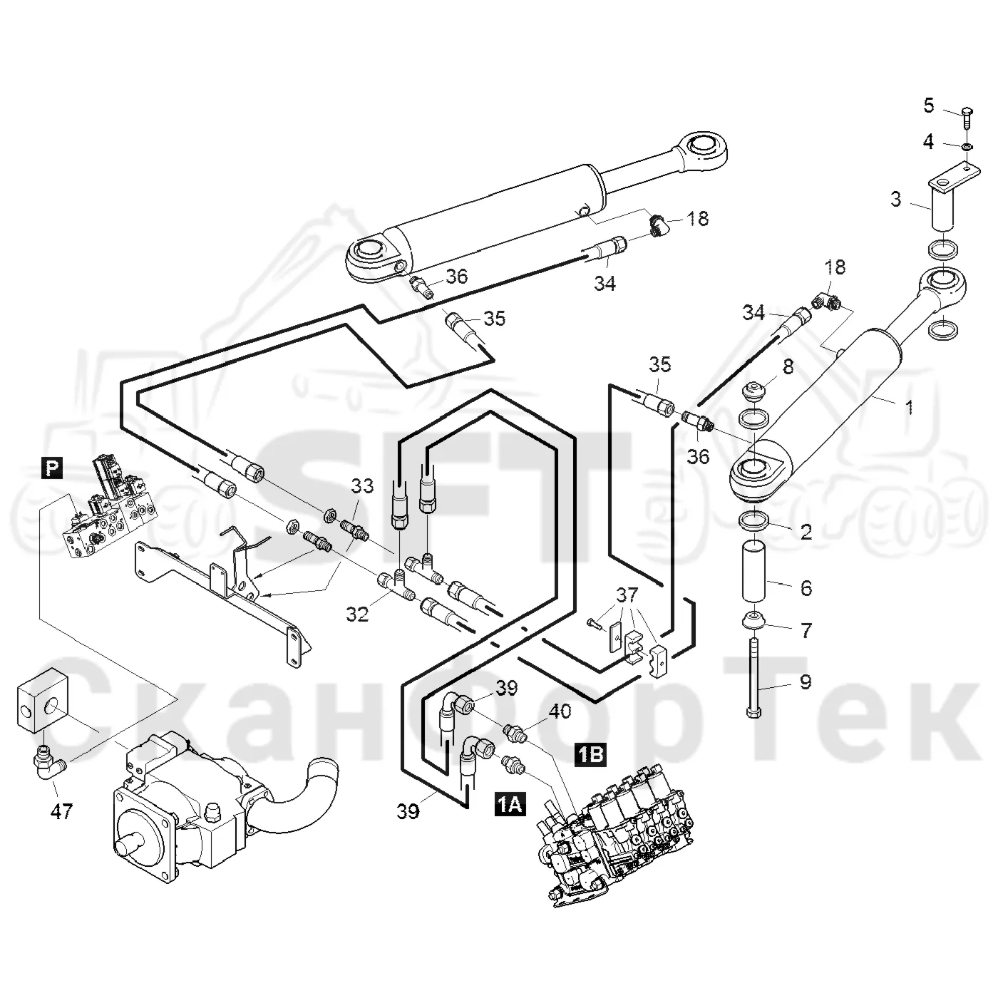 Схема: Komatsu / Форвардер / 855.1 / 855.1 / Каталог запасных частей / Рулевое управление / Рулевое управление без системы orbitrol