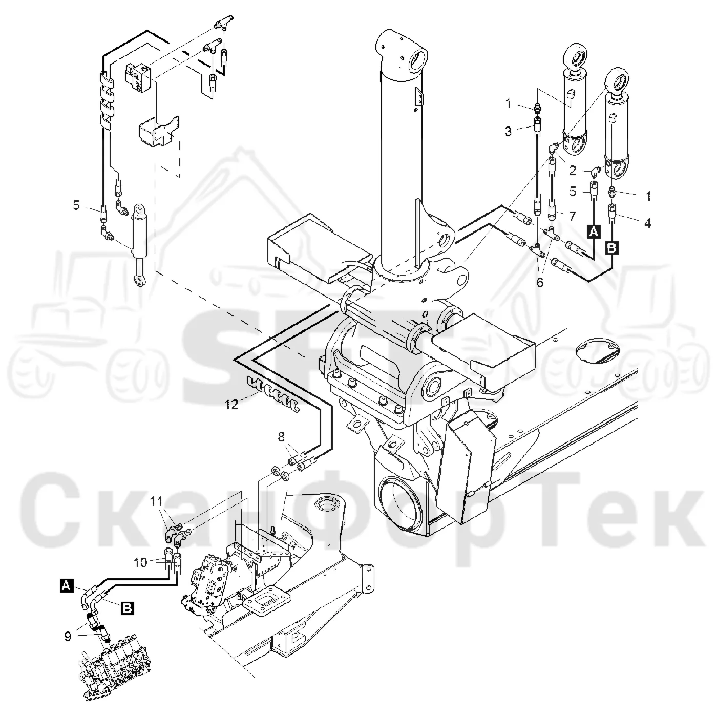 Схема: Komatsu / Форвардер / 855.1 / 855.1 / Каталог запасных частей / Подъемный кран / Комплект шланга Наклон