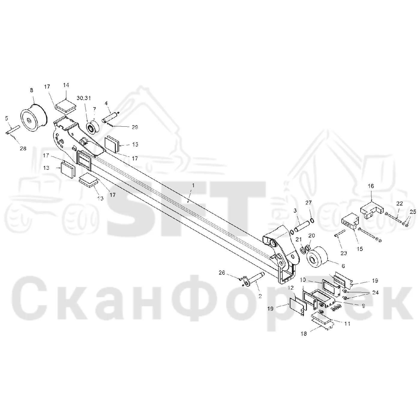 Схема: Komatsu / Форвардер / 840.4 / Каталог запасных частей / Подъемный кран / Удлинитель стрелы / Стрела / Средняя страла 9,6/10 m