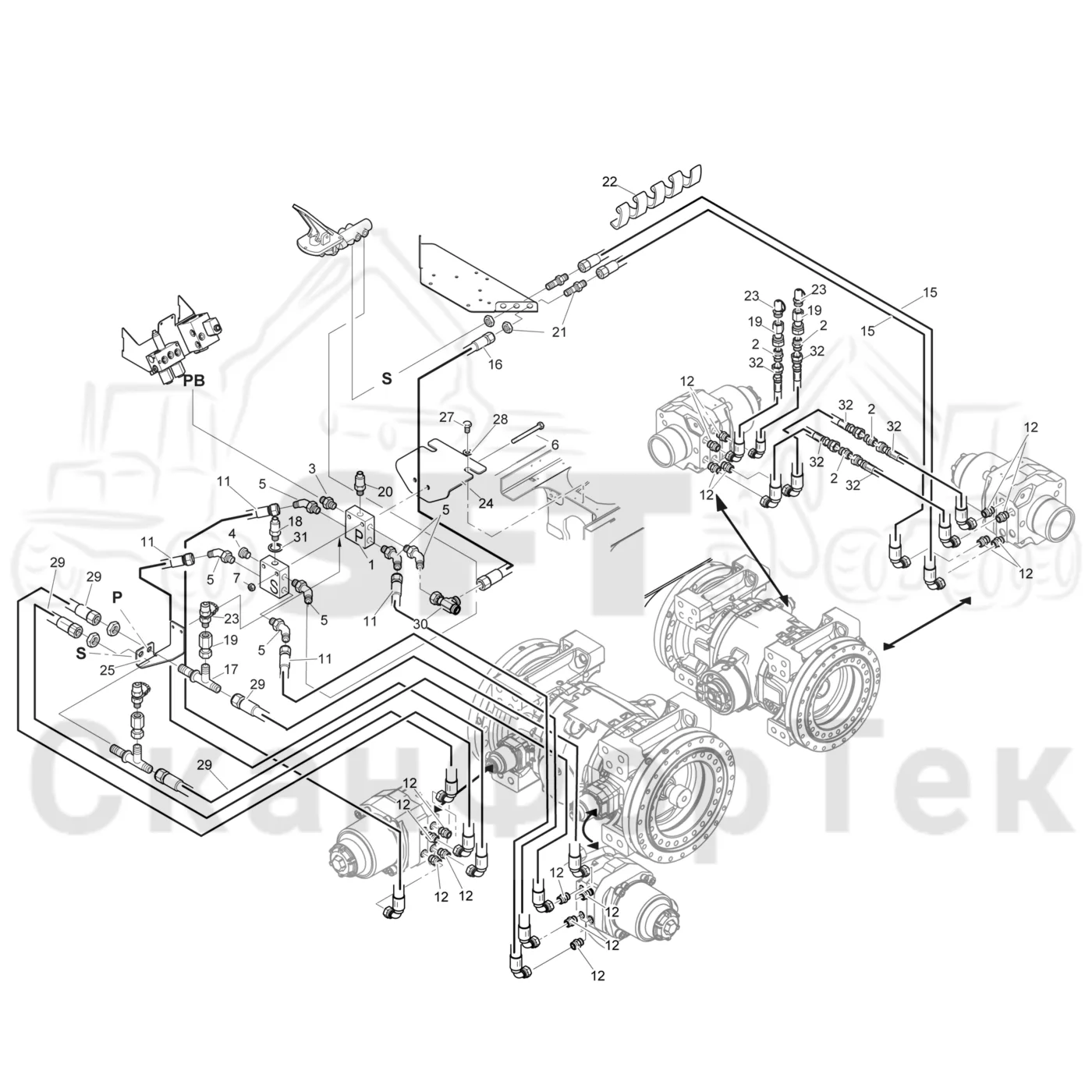 Схема: Komatsu / Форвардер / 895 / Каталог запасных частей / Тормоза / Тормозная система на 8 колес