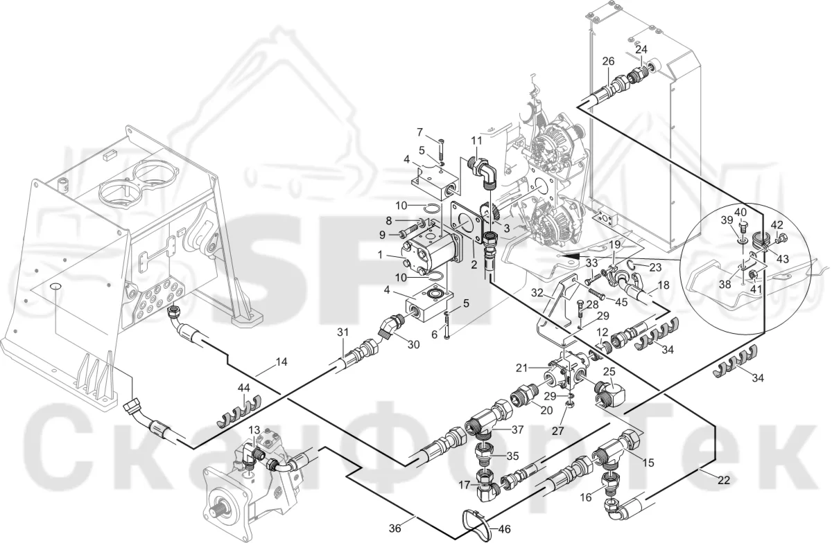 Схема: Komatsu / Лесозаготовительные машины / 931XC S/N 9313021208- / Каталог запасных частей / Гидравлика / Охлаждение смазочного масла для гидравлических систем