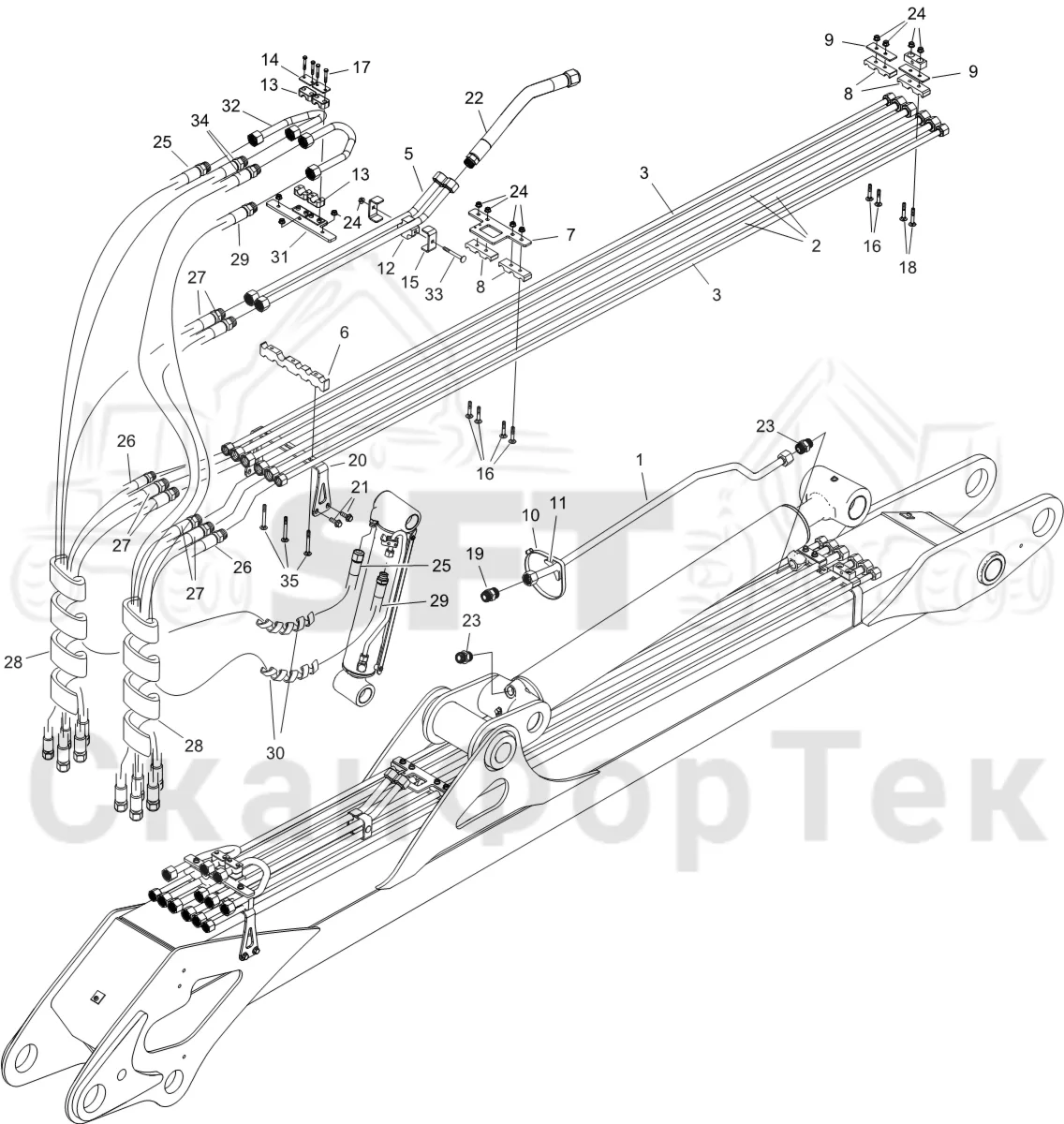 Схема: Komatsu / Форвардер / 855 S/N 8550022010- / Каталог запасных частей / Подъемный кран / Трубы и шланги