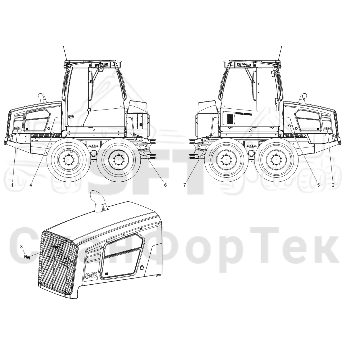 Схема: Komatsu / Форвардер / 855 S/N 8550022010- / Каталог запасных частей / Различное оборудование / Бирки