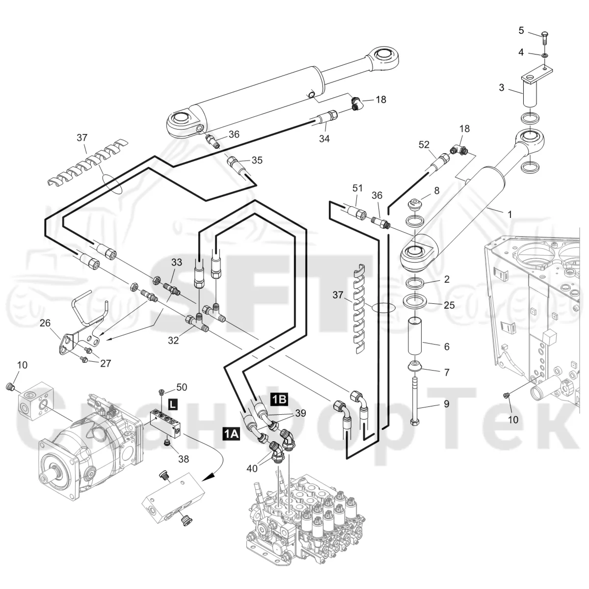 Схема: Komatsu / Форвардер / 875 S/N 8750000010- / Каталог запасных частей / Рулевое управление / Рулевое управление без системы orbitrol
