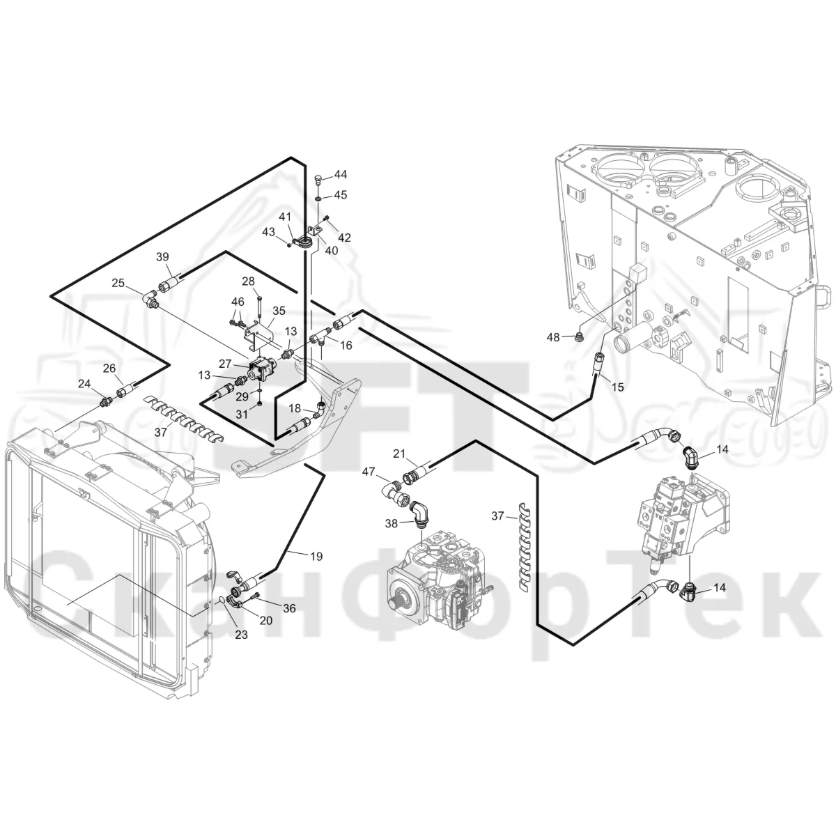 Схема: Komatsu / Форвардер / 875 S/N 8750000010- / Каталог запасных частей / Гидравлика / Охлаждение смазочного масла для гидравлических систем