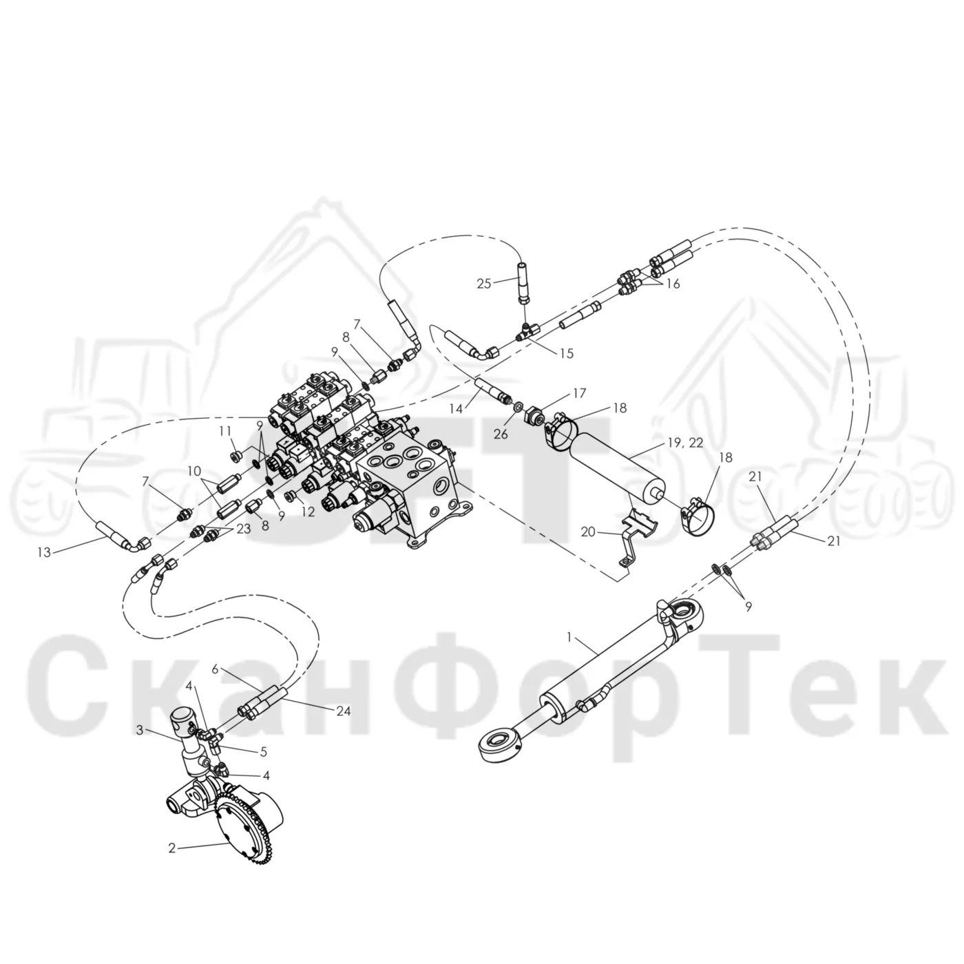 Схема: Komatsu / Лесозаготовительные машины / 901TX .1 / Каталог запасных частей / Лесозаготовительное оборудование / Головка лесозаготовительной машины / 340 / Каталог запасных частей / Подача / Гидравлика открывания и закрывания роликов подачи