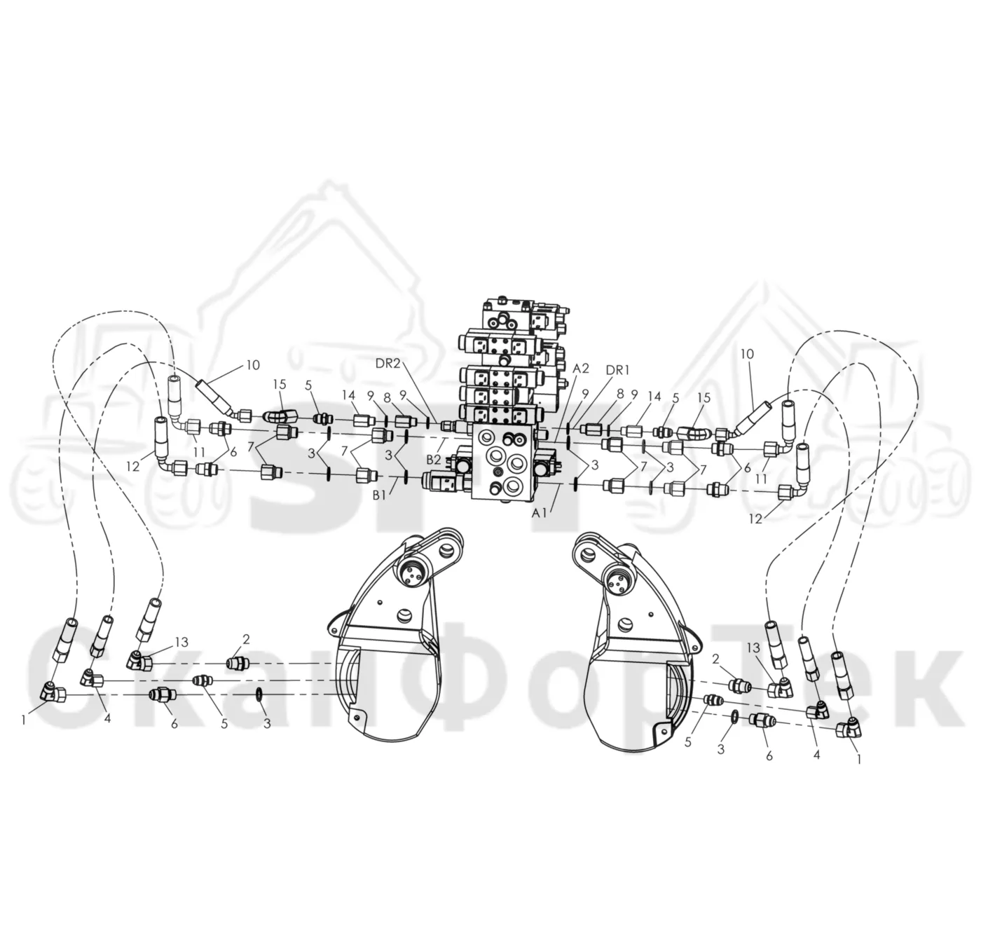 Схема: Komatsu / Лесозаготовительные машины / 911 S/N 9110062167- / Каталог запасных частей / Лесозаготовительное оборудование / Головка лесозаготовительной машины / 340 / Каталог запасных частей / Подача / Гидравлическое оборудование подачи