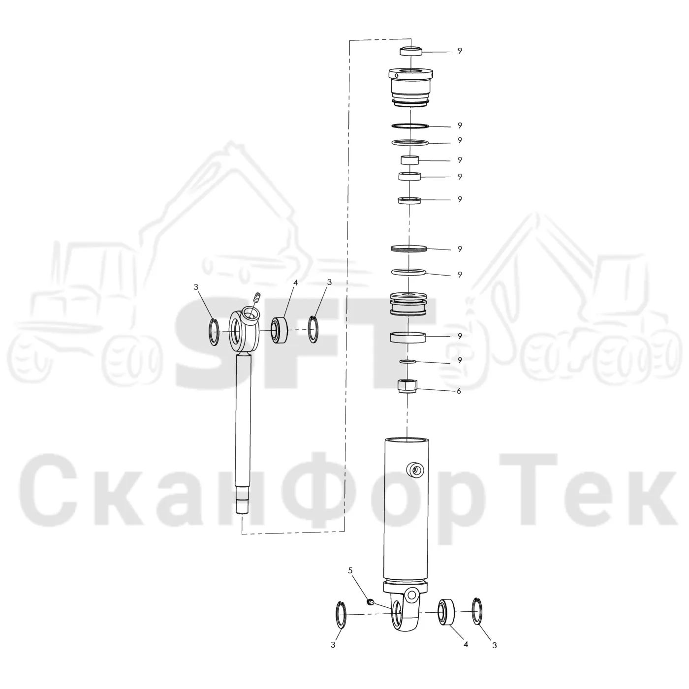 Схема: Komatsu / Лесозаготовительные машины / 901 S/N 9010053267- / Каталог запасных частей / Лесозаготовительное оборудование / Головка лесозаготовительной машины / 340 / Каталог запасных частей / Обрезка сучьев / Запасные части цилиндра