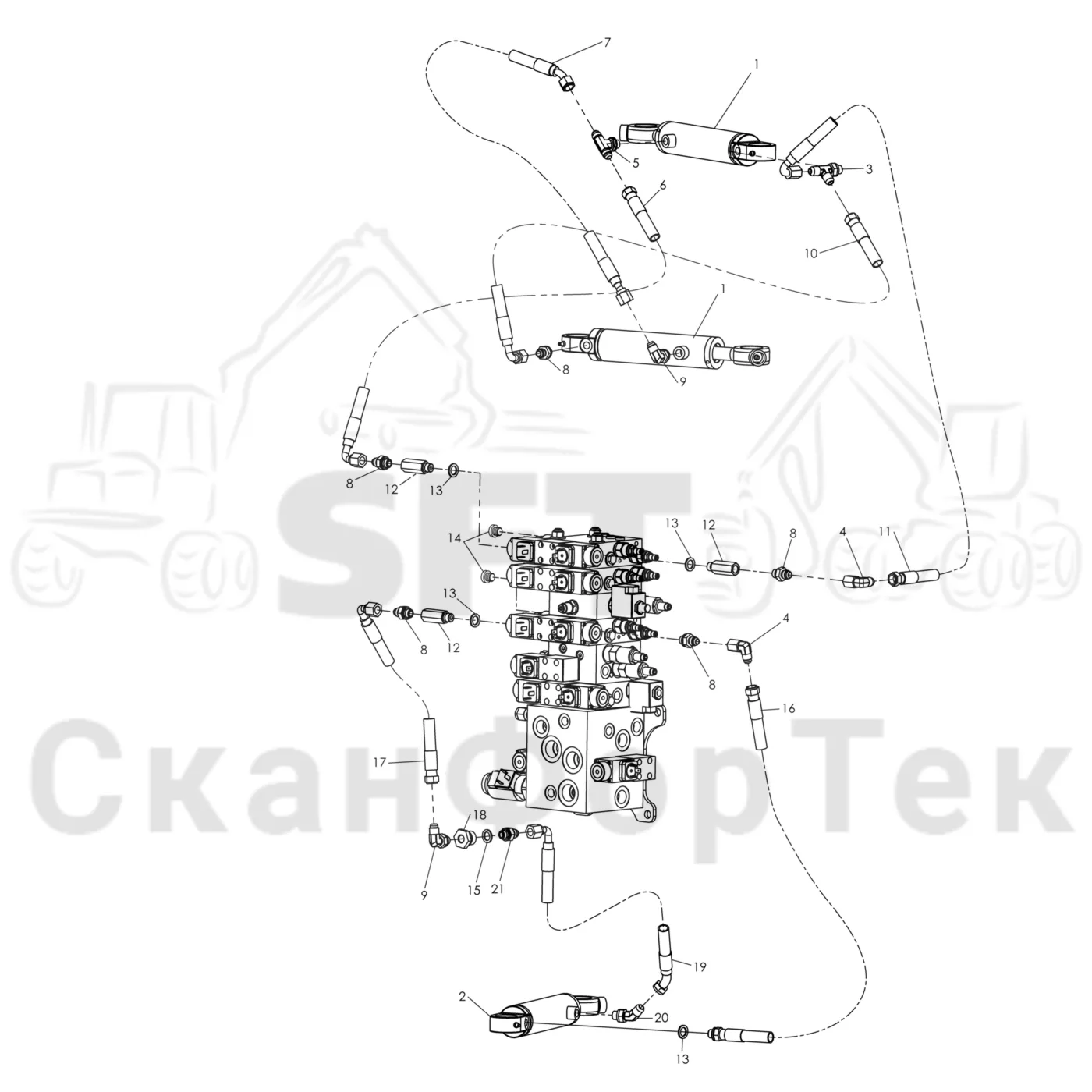 Схема: Komatsu / Лесозаготовительные машины / 911 S/N 9110062167- / Каталог запасных частей / Лесозаготовительное оборудование / Головка лесозаготовительной машины / 340 / Каталог запасных частей / Обрезка сучьев / Гидравлический привод сучкорезного ножа