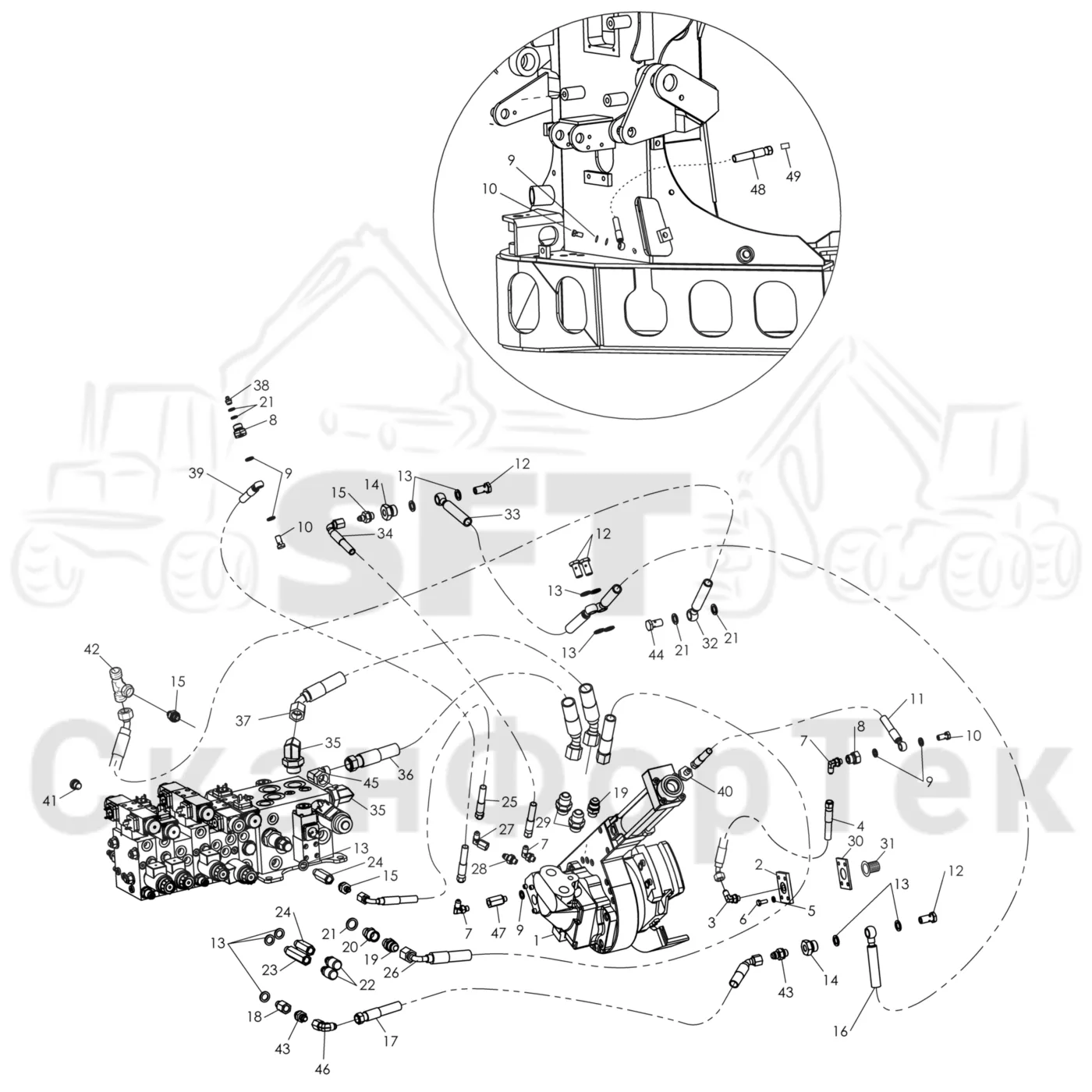 Схема: Komatsu / Лесозаготовительные машины / 901 S/N 9010053267- / Каталог запасных частей / Лесозаготовительное оборудование / Головка лесозаготовительной машины / 340 / Каталог запасных частей / Резка / Гидравлическое устройство резки, шасси 