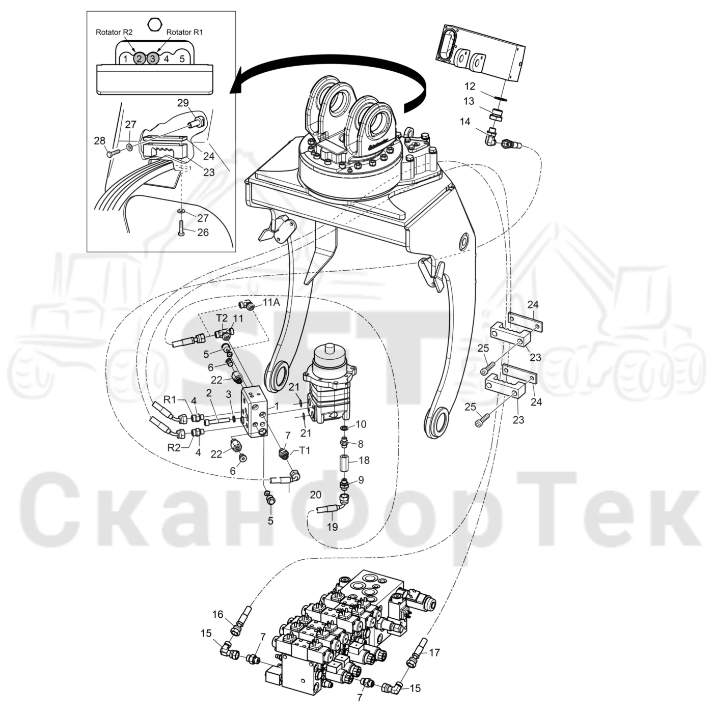 Схема: Komatsu / Лесозаготовительные машины / 901 S/N 9010053267- / Каталог запасных частей / Лесозаготовительное оборудование / Головка лесозаготовительной машины / 340 / Каталог запасных частей / Поворотные устройства и звенья / Гидравлическое оборудование поворотного устройства