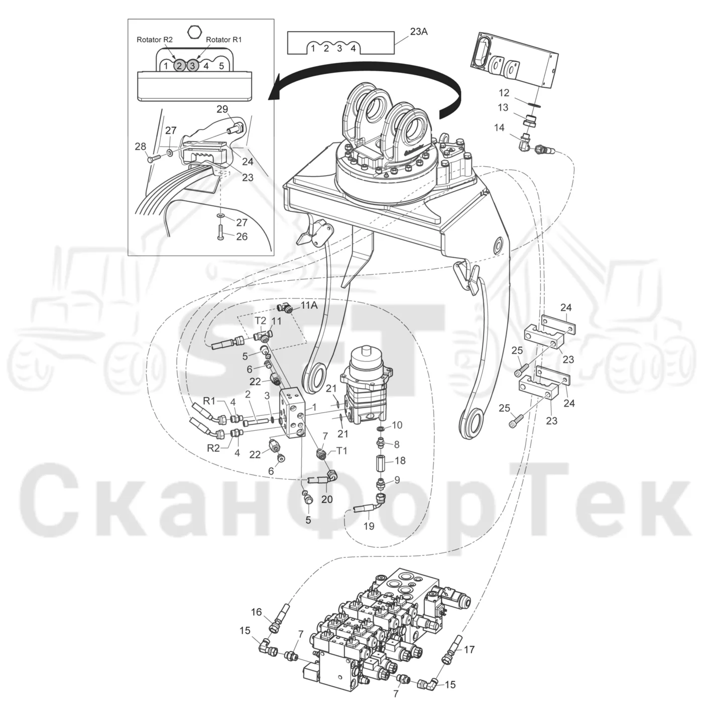 Схема: Komatsu / Головки лесозаготовительной машины / 300 Головки лесозаготовительной машины / 340 / Каталог запасных частей / Поворотные устройства и звенья / Гидравлическое оборудование поворотного устройства 3400000551-