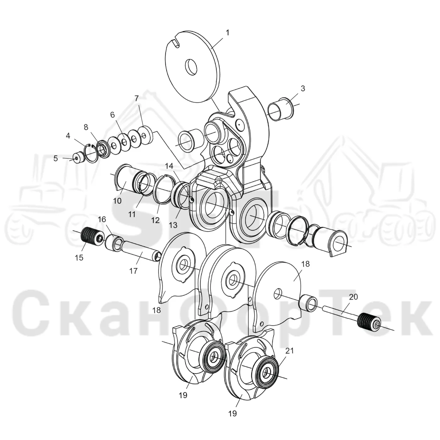 Схема: Komatsu / Лесозаготовительные машины / 911 S/N 9112062167- / Каталог запасных частей / Лесозаготовительное оборудование / Головка лесозаготовительной машины / 365.1 / Каталог запасных частей / Поворотные устройства и звенья / Демпфер поворота MPB2