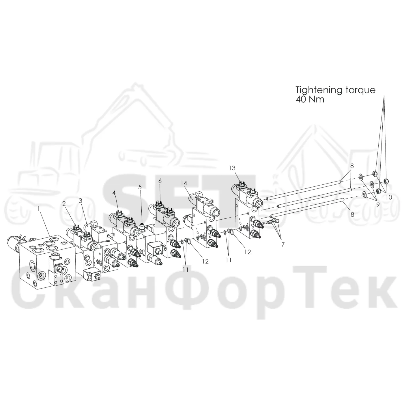 Схема: Komatsu / Лесозаготовительные машины / 911 S/N 9112062167- / Каталог запасных частей / Лесозаготовительное оборудование / Головка лесозаготовительной машины / 340 / Каталог запасных частей / Гидравлический клапан / Узел клапана