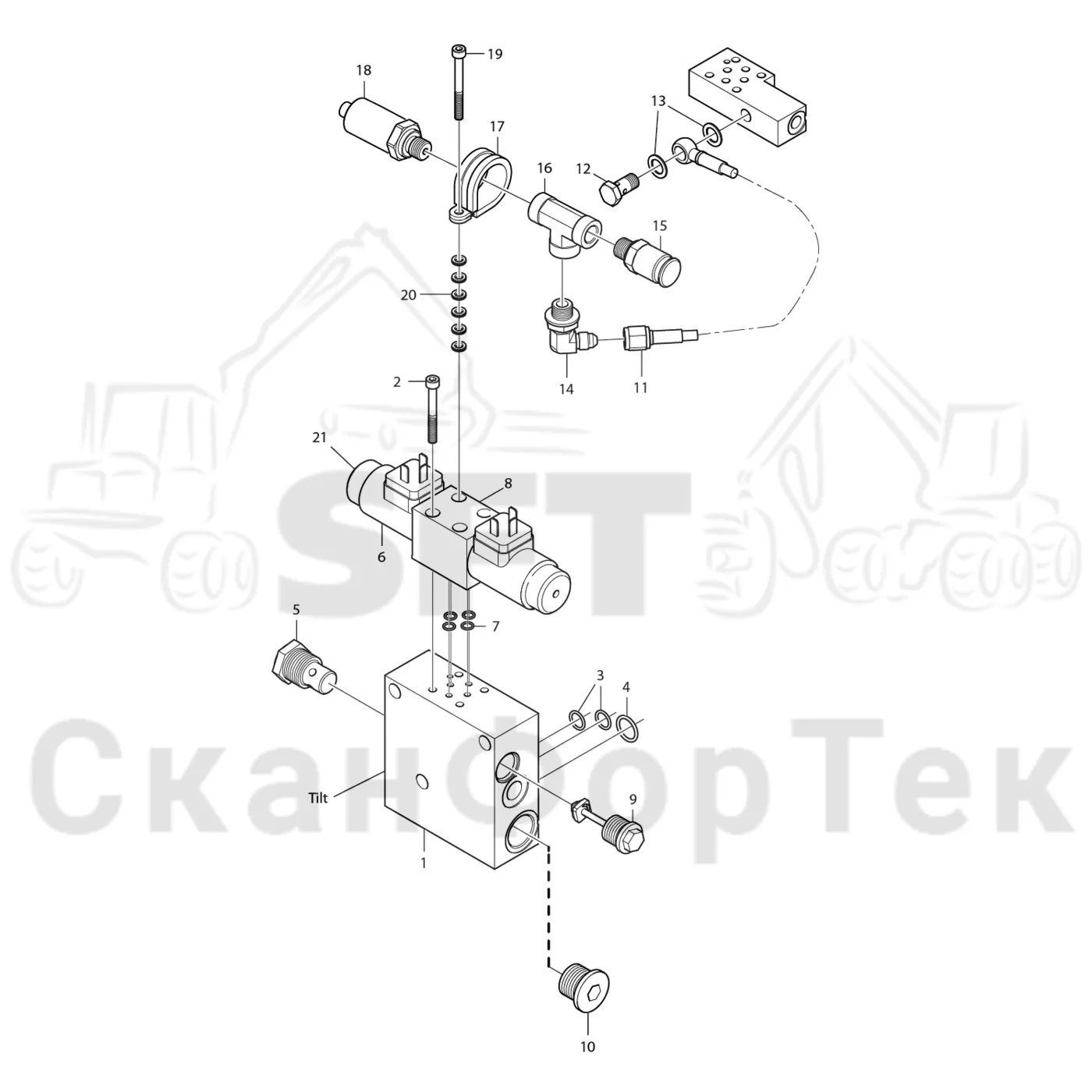 Схема: Komatsu / Лесозаготовительные машины / 911 S/N 9110062167- / Каталог запасных частей / Лесозаготовительное оборудование / Головка лесозаготовительной машины / 340 / Каталог запасных частей / Гидравлический клапан / Клапан, наклон