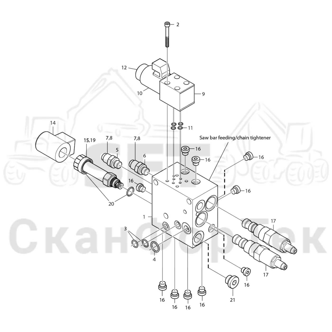 Схема: Komatsu / Лесозаготовительные машины / 901 S/N 9010053267- / Каталог запасных частей / Лесозаготовительное оборудование / Головка лесозаготовительной машины / 340 / Каталог запасных частей / Гидравлический клапан / Saw Section