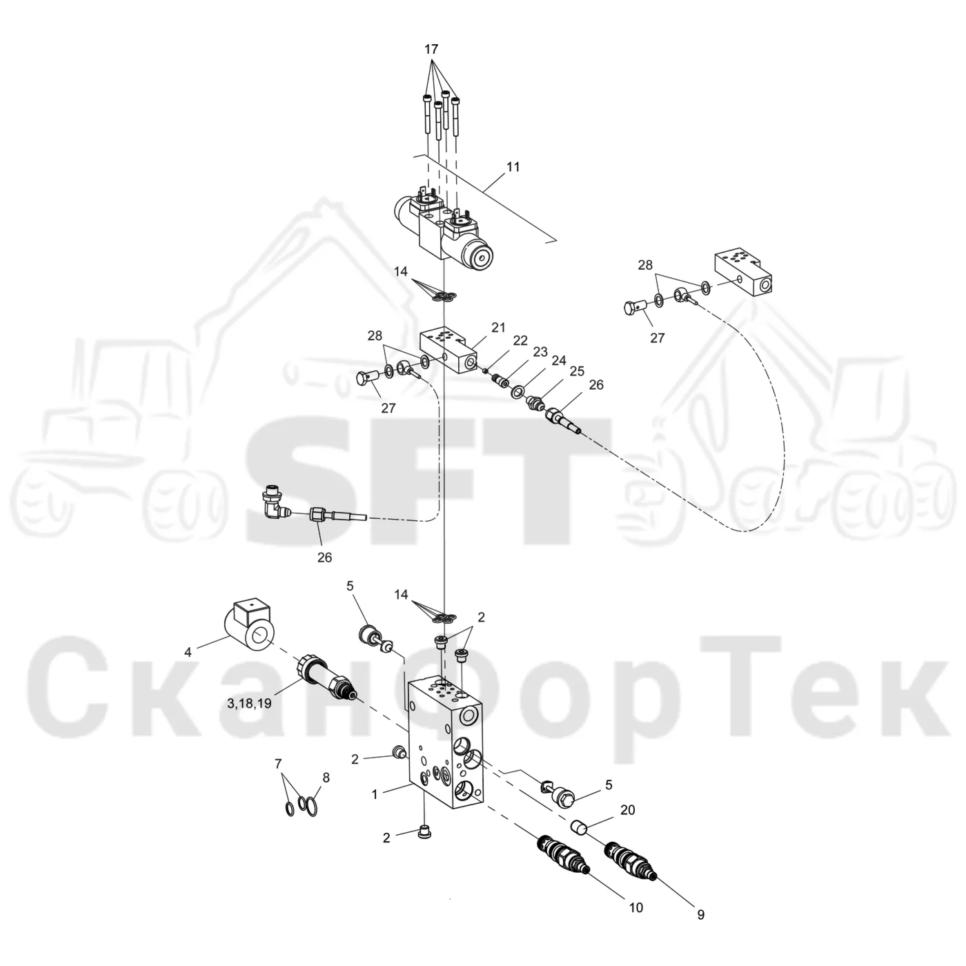 Схема: Komatsu / Лесозаготовительные машины / 901TX / Каталог запасных частей / Лесозаготовительное оборудование / Головка лесозаготовительной машины / 340 / Каталог запасных частей / Гидравлический клапан / Сучкорезные ножи