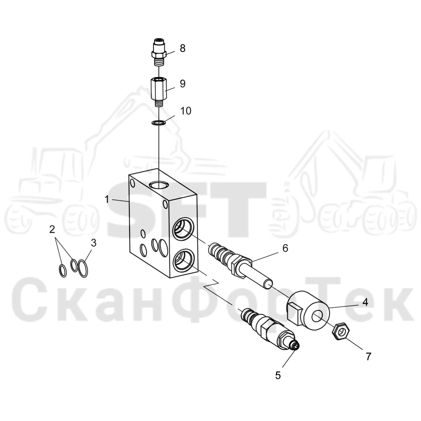 Схема: Komatsu / Лесозаготовительные машины / 911 S/N 9110062167- / Каталог запасных частей / Лесозаготовительное оборудование / Головка лесозаготовительной машины / 340 / Каталог запасных частей / Гидравлический клапан / Секция клапана Подача питания