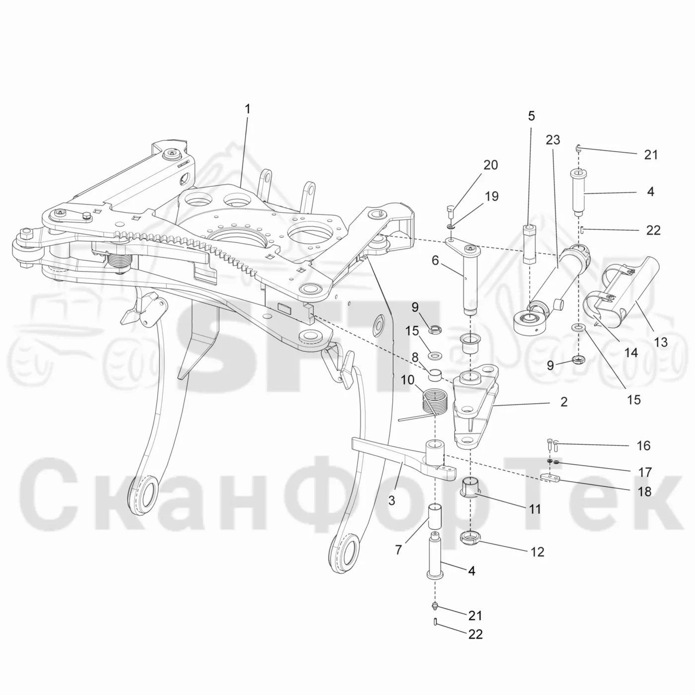 Схема: Komatsu / Лесозаготовительные машины / 911 S/N 9110062167- / Каталог запасных частей / Лесозаготовительное оборудование / Головка лесозаготовительной машины / 340 / Каталог запасных частей / Габота с несколькими деЂевьями / Механика