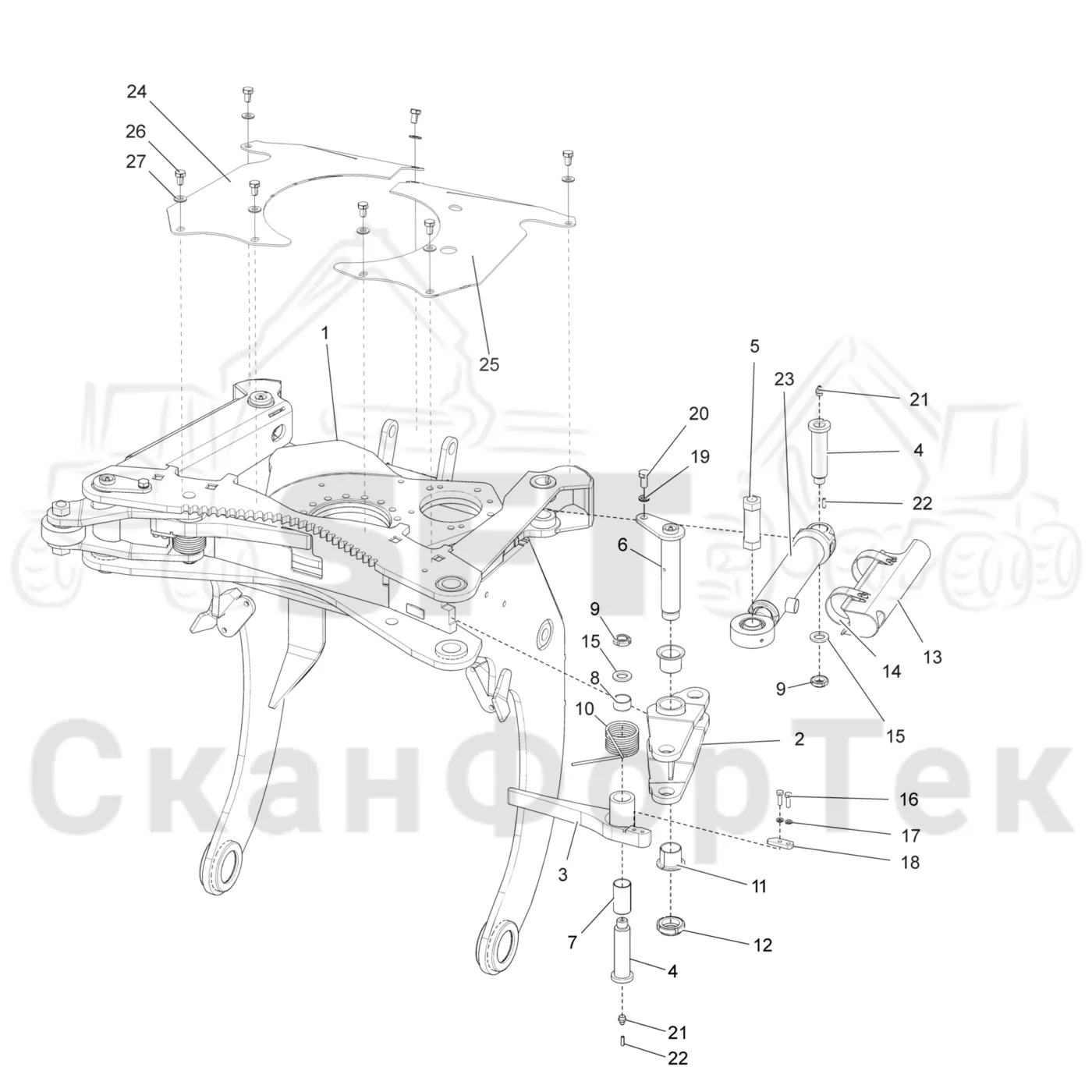 Схема: Komatsu / Лесозаготовительные машины / 901 S/N 9010053267- / Каталог запасных частей / Лесозаготовительное оборудование / Головка лесозаготовительной машины / 340 / Каталог запасных частей / Габота с несколькими деЂевьями / Механика 3400000431-