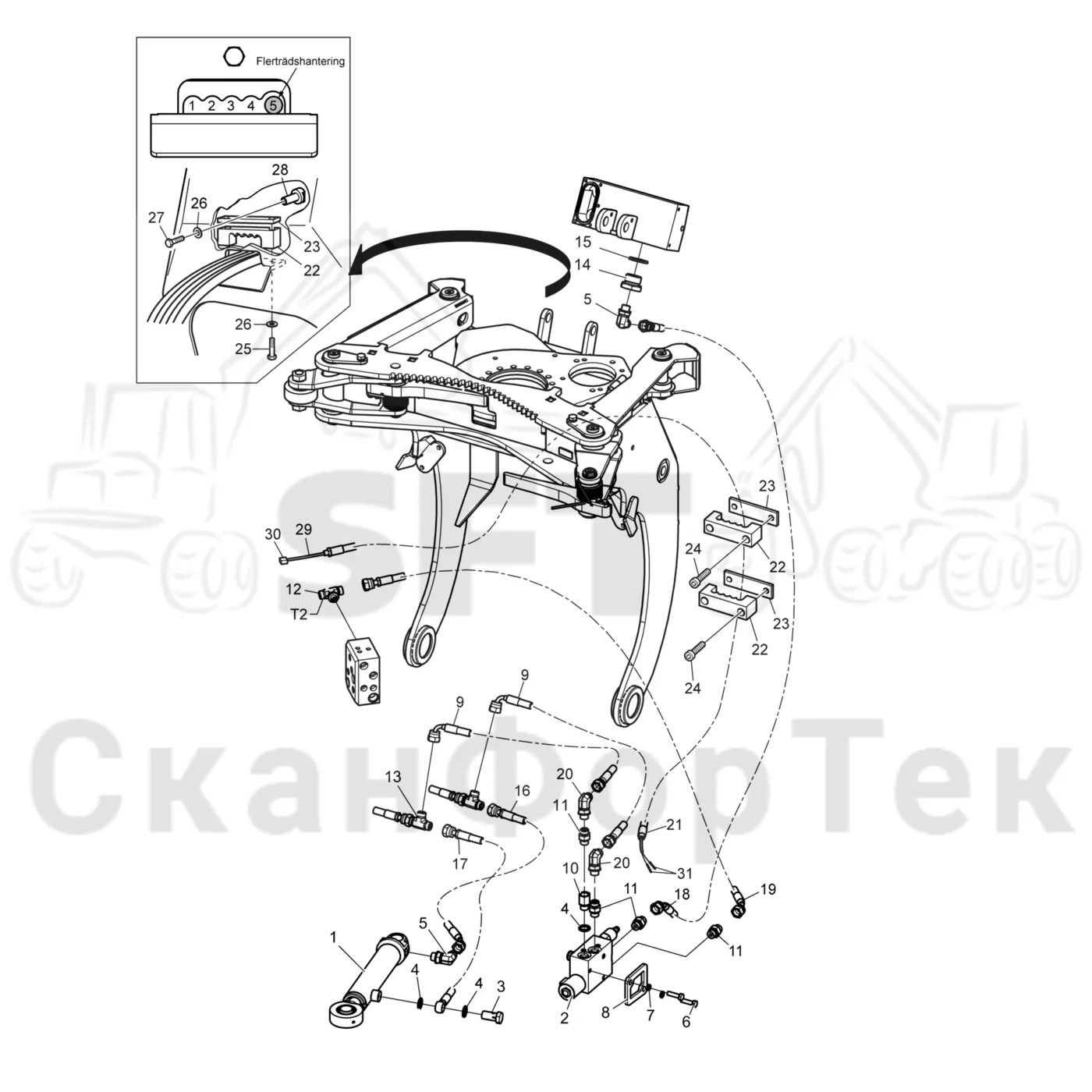 Схема: Komatsu / Лесозаготовительные машины / 911 S/N 9112062167- / Каталог запасных частей / Лесозаготовительное оборудование / Головка лесозаготовительной машины / 340 / Каталог запасных частей / Габота с несколькими деЂевьями / Гидравлика