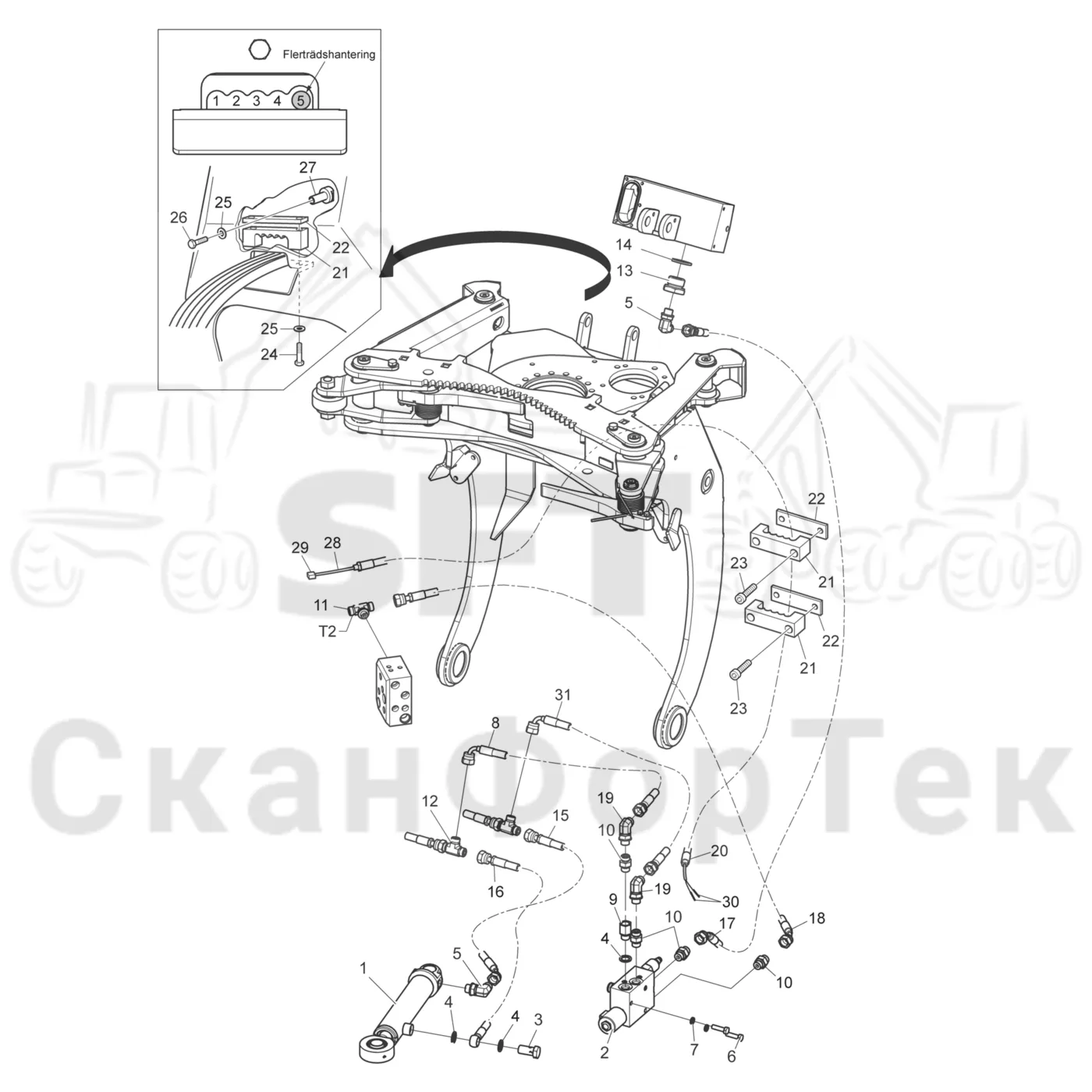 Схема: Komatsu / Лесозаготовительные машины / 901 S/N 9010053267- / Каталог запасных частей / Лесозаготовительное оборудование / Головка лесозаготовительной машины / 340 / Каталог запасных частей / Габота с несколькими деЂевьями / Гидравлика 3400000431-