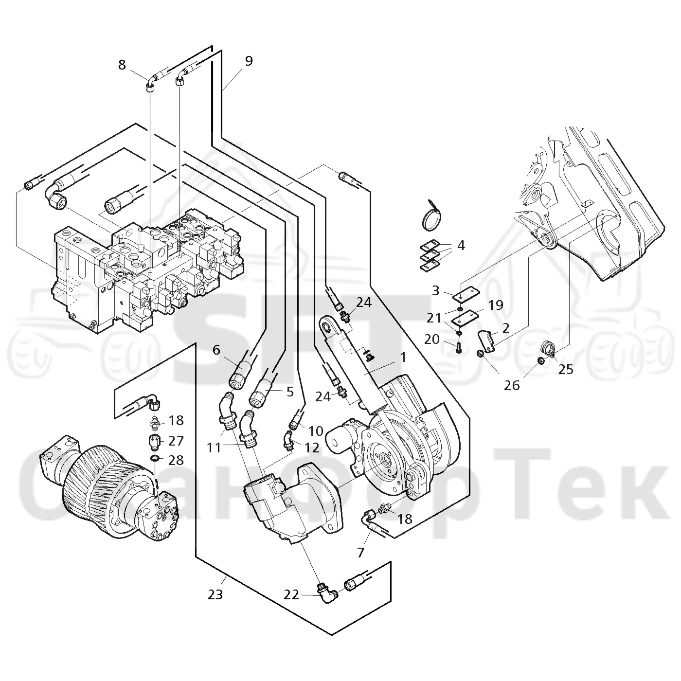 Схема: Valmet / Лесозаготовительные машины / Valmet 901.4 / Valmet 901.4 / Каталог запасных частей / Лесозаготовительное оборудование / Головка лесозаготовительной машины / Valmet 350.1 / Каталог запасных частей / Резка / Гидравлическое устройство резки / Гидравлическое устройство резки 111071-