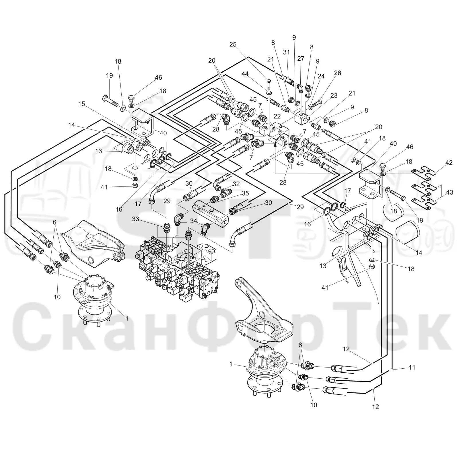Схема: Komatsu / Лесозаготовительные машины / 931 S/N 9310021067- / Каталог запасных частей / Лесозаготовительное оборудование / Головка лесозаготовительной машины / 360.2 / Каталог запасных частей / Подача / Гидравлическое оборудование односкоростной подачи 3600023112-