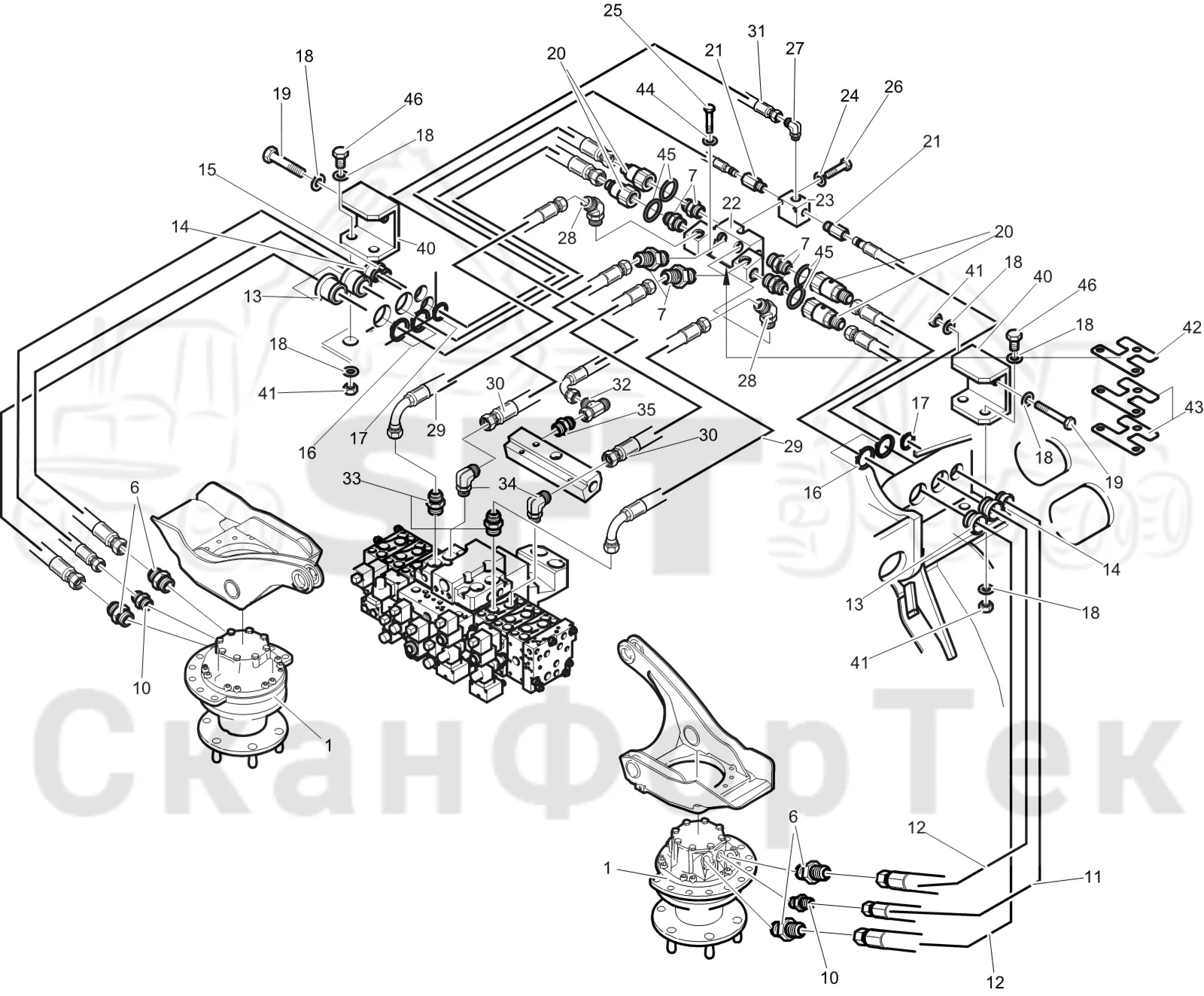 Схема: Komatsu / Лесозаготовительные машины / 911 S/N 9110062167- / Каталог запасных частей / Лесозаготовительное оборудование / Головка лесозаготовительной машины / 360.2 / Каталог запасных частей / Подача / Гидравлическое оборудование односкоростной подачи 3600023524-