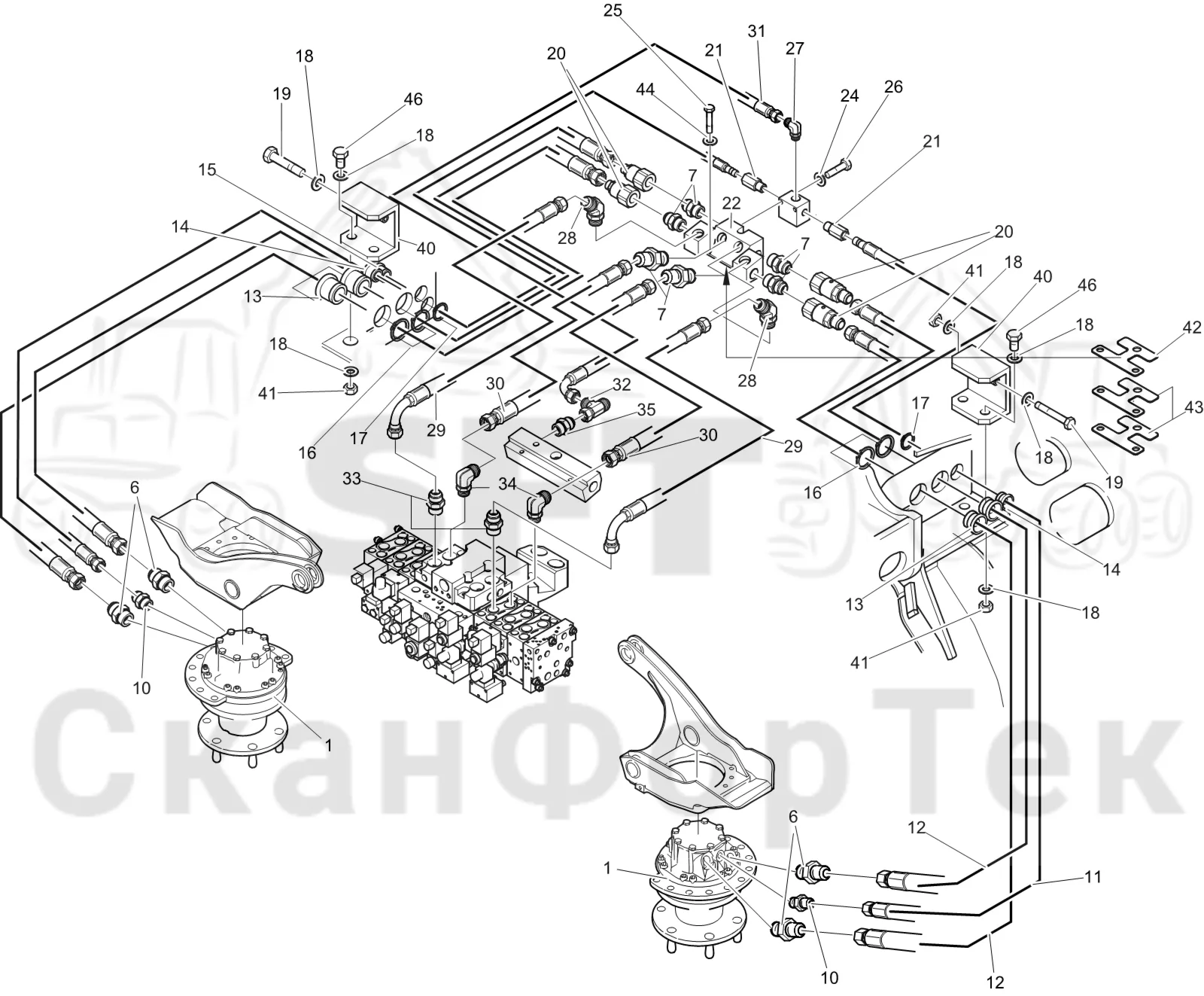 Схема: Komatsu / Лесозаготовительные машины / 911 S/N 9110062167- / Каталог запасных частей / Лесозаготовительное оборудование / Головка лесозаготовительной машины / 360.2 / Каталог запасных частей / Подача / Гидравлическое оборудование односкоростной подачи 3600023561-