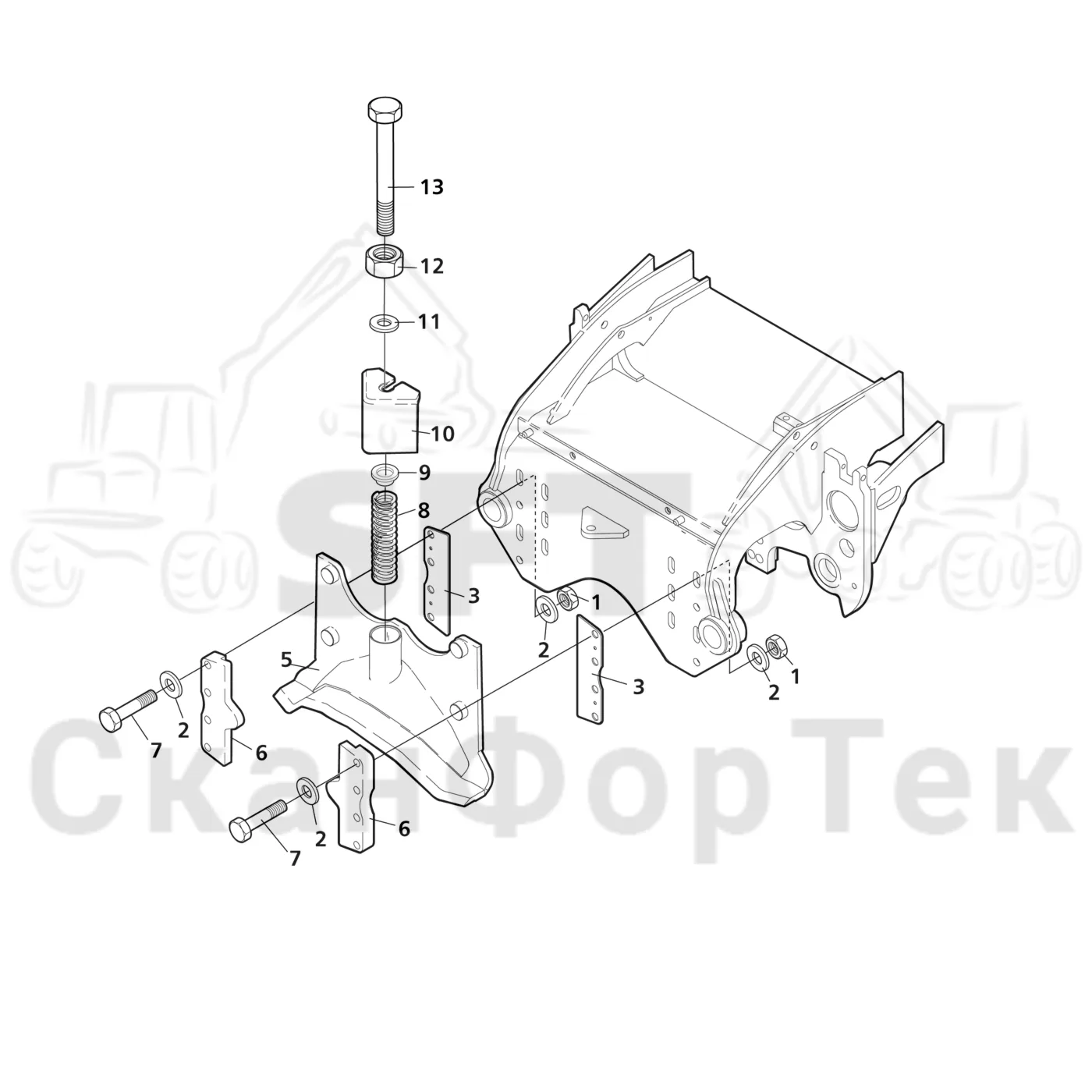 Схема: Valmet / Лесозаготовительные машины / Valmet 941 / Valmet 941 Ch 12071- / Valmet 941 Ch 12071- / Каталог запасных частей / Лесозаготовительное оборудование / Головка лесозаготовительной машины / Valmet 370 E / Valmet 370 E / Valmet 370 E Ch. 11235- / Каталог запасных частей / Обрезка сучьев / Верхний сучкорезный нож