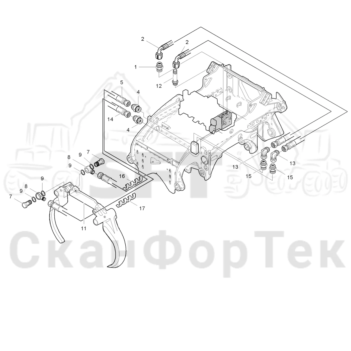 Схема: Komatsu / Лесозаготовительные машины / 931XC S/N 9313021208- / Каталог запасных частей / Лесозаготовительное оборудование / Головка лесозаготовительной машины / 360.2 / Каталог запасных частей / Обрезка сучьев / Гидравлическое оборудование передних сучкорезных ножей