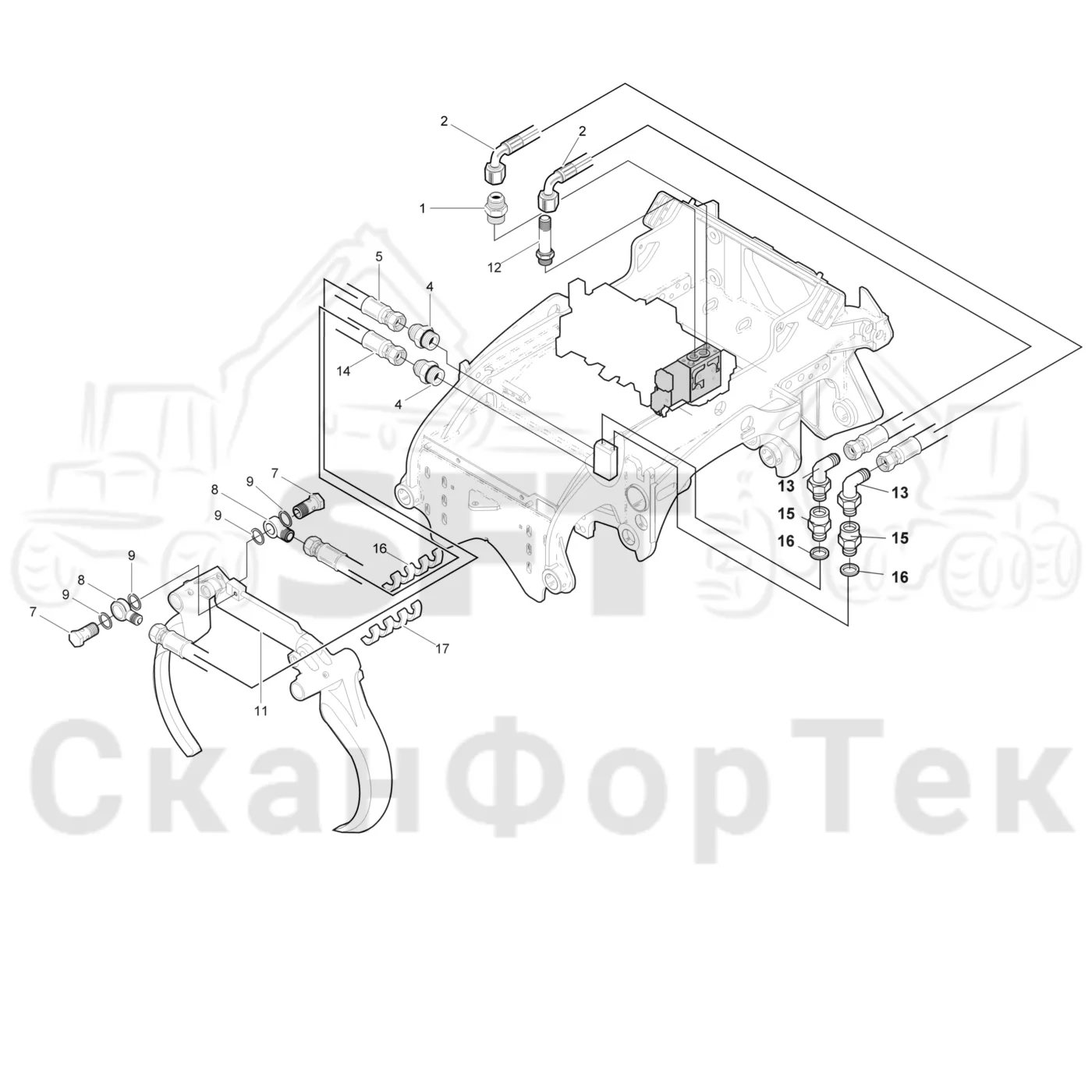 Схема: Komatsu / Лесозаготовительные машины / 911 S/N 9110062167- / Каталог запасных частей / Лесозаготовительное оборудование / Головка лесозаготовительной машины / 360.2 / Каталог запасных частей / Обрезка сучьев / Гидравлическое оборудование передних сучкорезных ножей 3600023291-