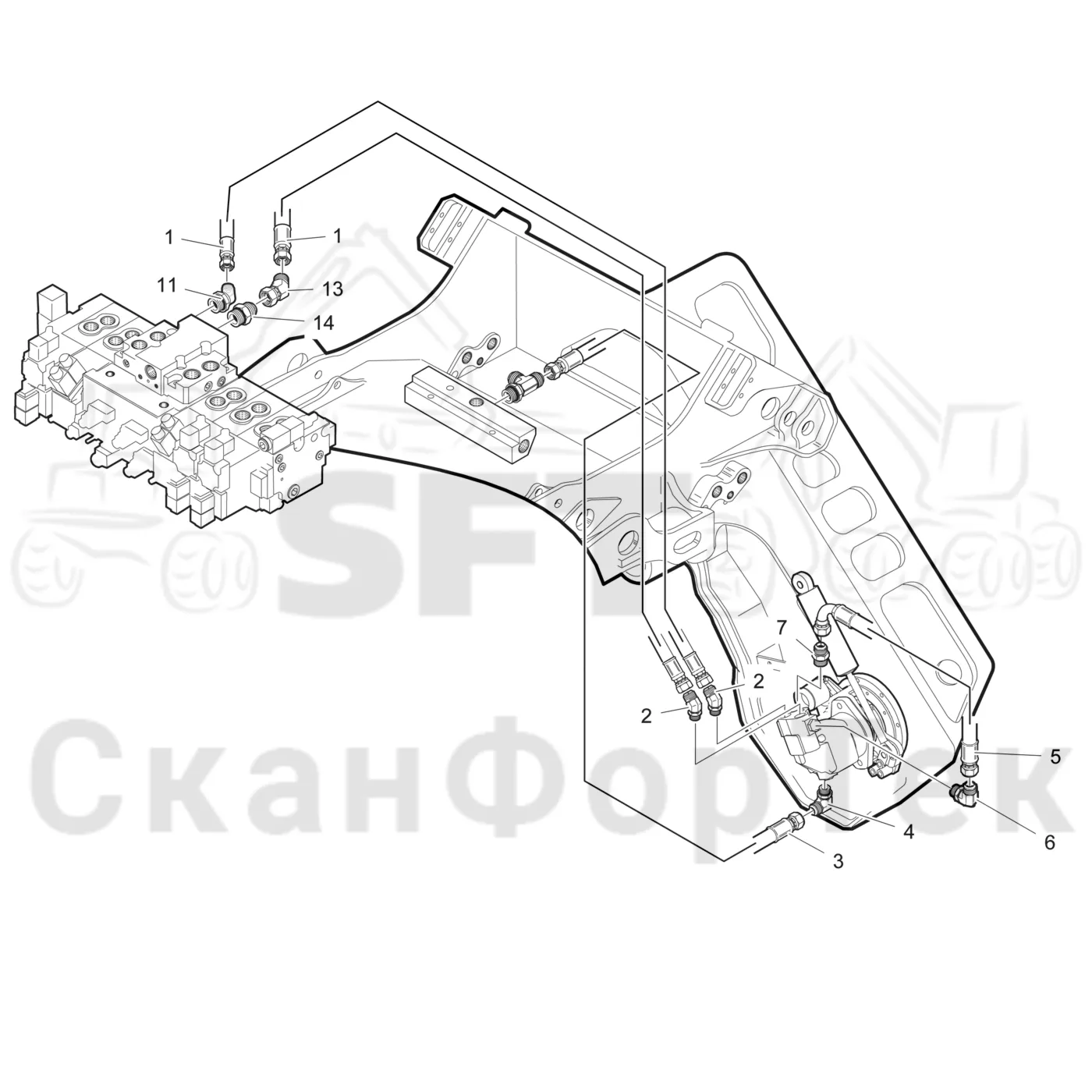 Схема: Komatsu / Головки лесозаготовительной машины / 300 Головки лесозаготовительной машины / 360.2 / Каталог запасных частей / Резка / Гидравлическое устройство резки