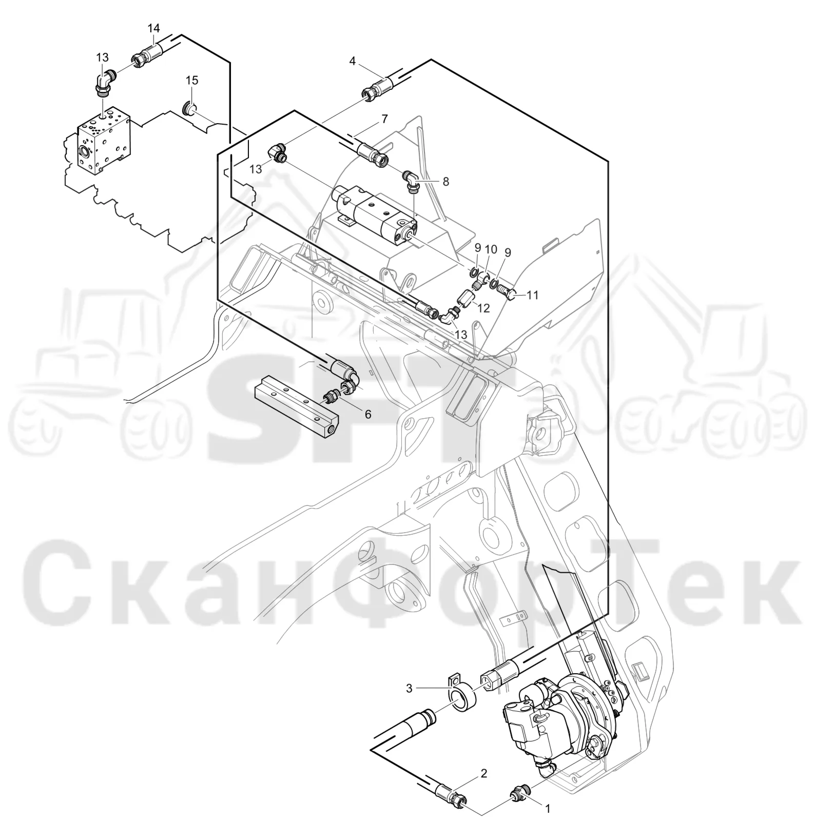 Схема: Komatsu / Лесозаготовительные машины / 911 S/N 9112062167- / Каталог запасных частей / Лесозаготовительное оборудование / Головка лесозаготовительной машины / 360.2 / Каталог запасных частей / Резка / Масленка Eco системы смазки цепи 3600023421-